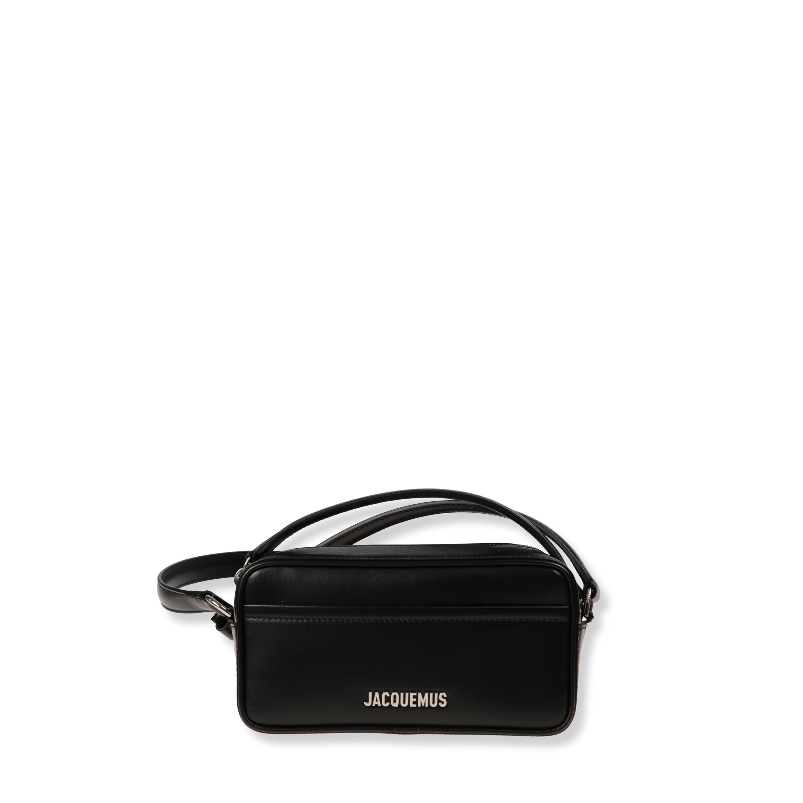 Borsa jacquemus a tracolla in pelle. forma rettangolare con chiusura superiore con zip. manico corto in pelle e tracolla lunga regolabile.