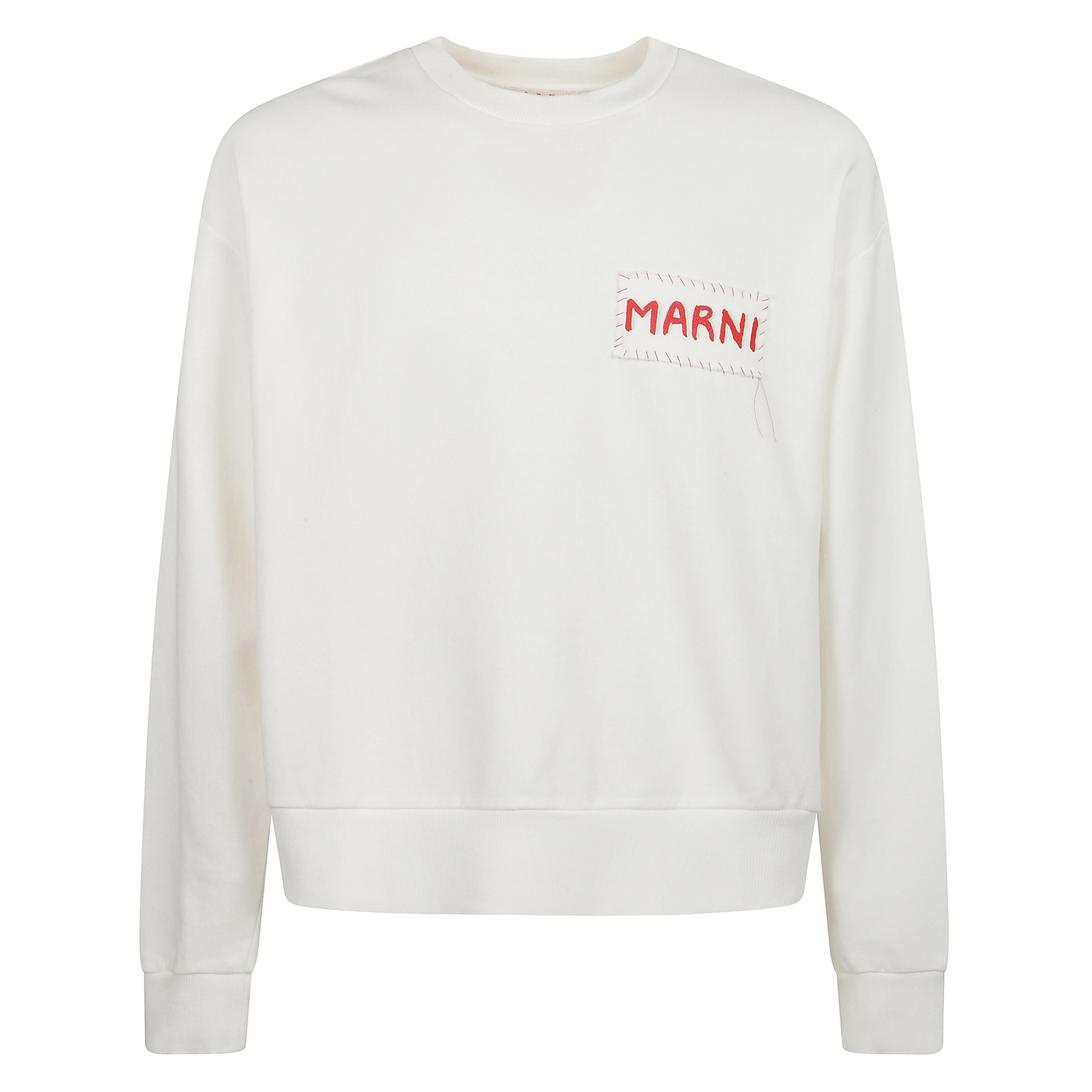 Felpa bianca a girocollo con stampa in cotone
effetto mélange e dettaglio patchwork con stampa