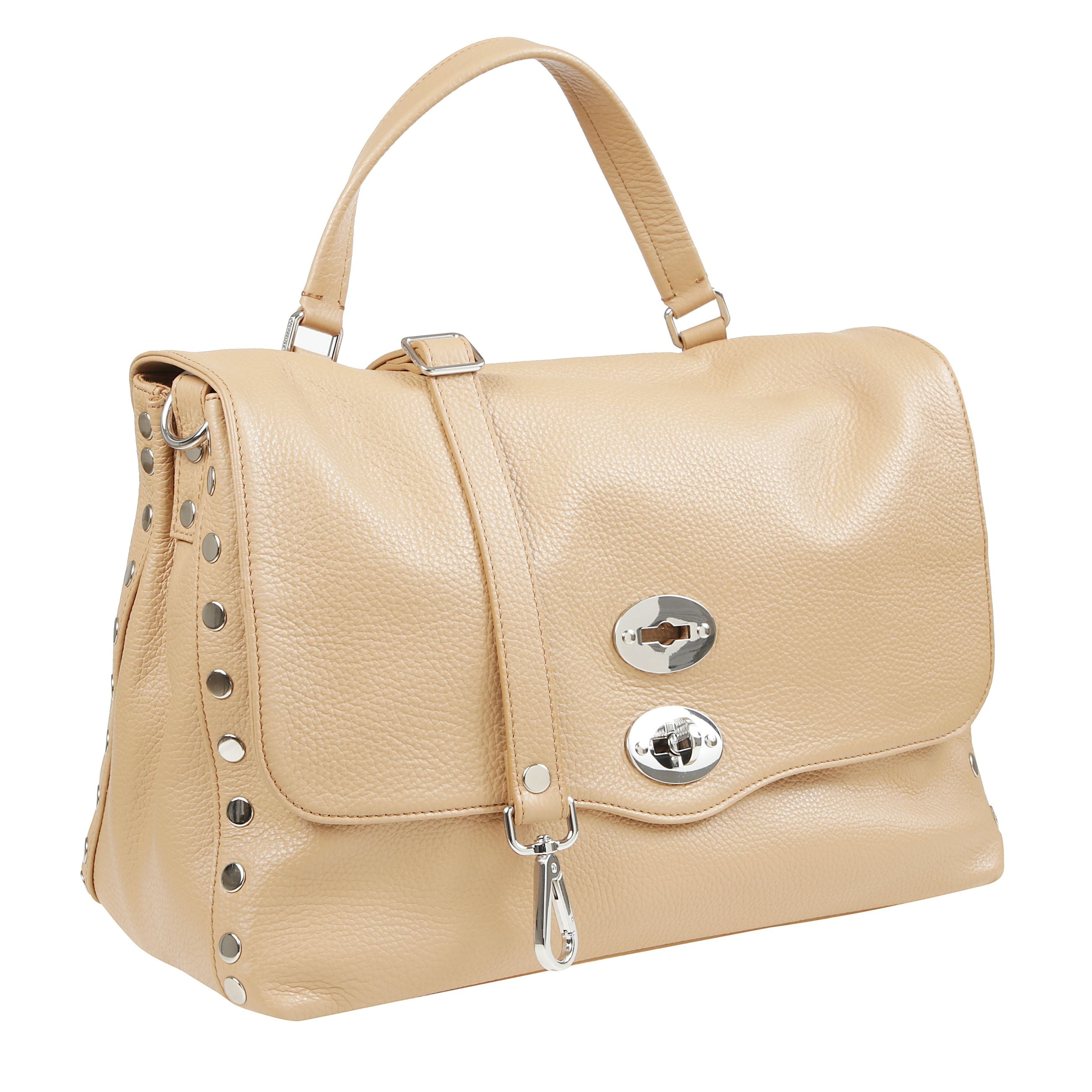 Borsa a mano in pelle con tracolla realizzata in pelle martellata, morbida ma estremamente resistente. la silhouette è illuminata dalla doppia chiusura a girello e dalle borchie laterali. lo spazio interno foderato è dotato di una pratica tasca. grazie