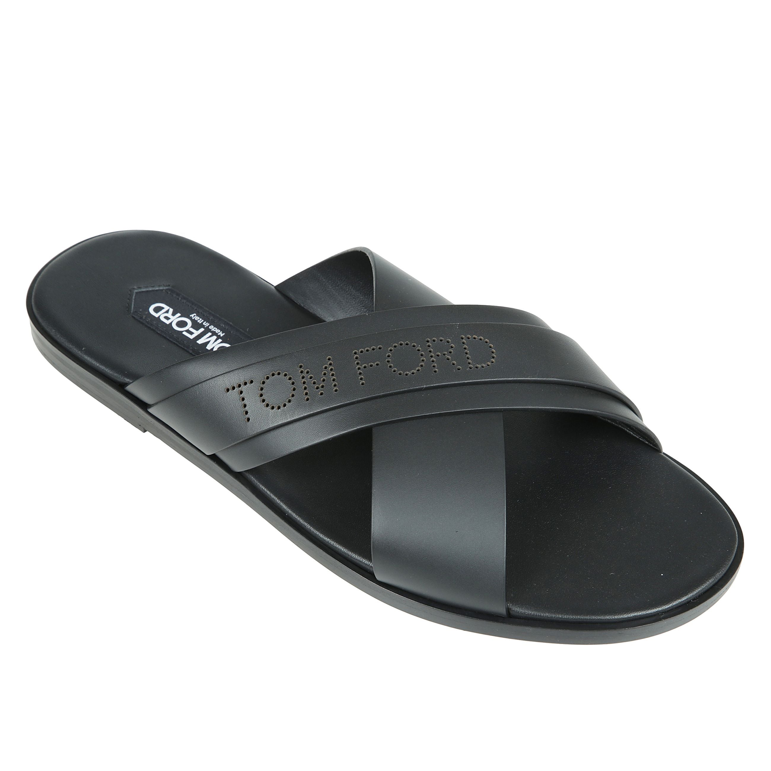 Sandali preston in pelle con logo perforato e doppia fascia