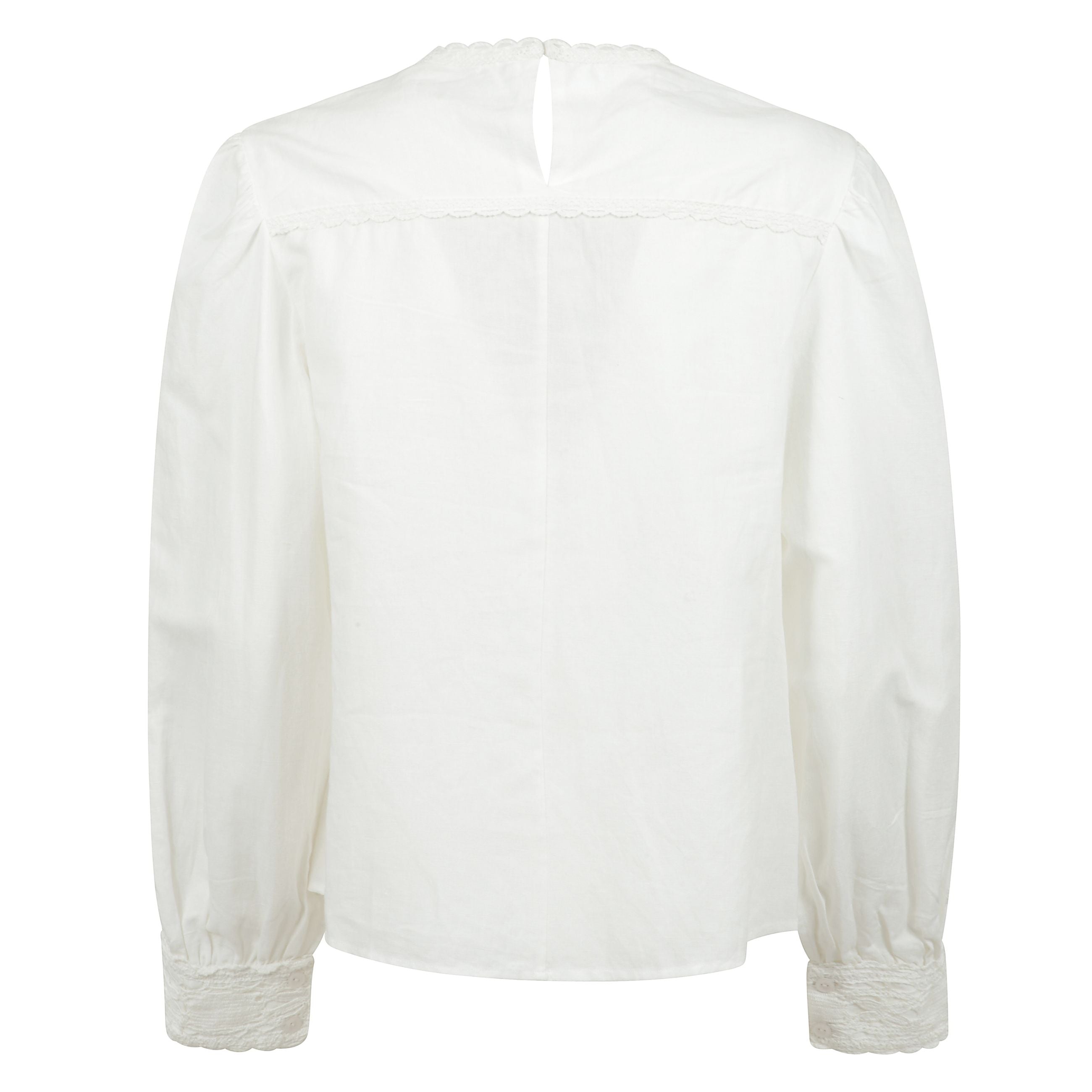 Valmira-ga blusa realizzata in lino e cotone color bianco con inserti in pizzo. caratterizzata da scollatura a giro, chiusura con bottone dietro al collo, plissettatura sul davanti, maniche lunghe con polsini abbottonati e fondo arrotondato con piccoli sp