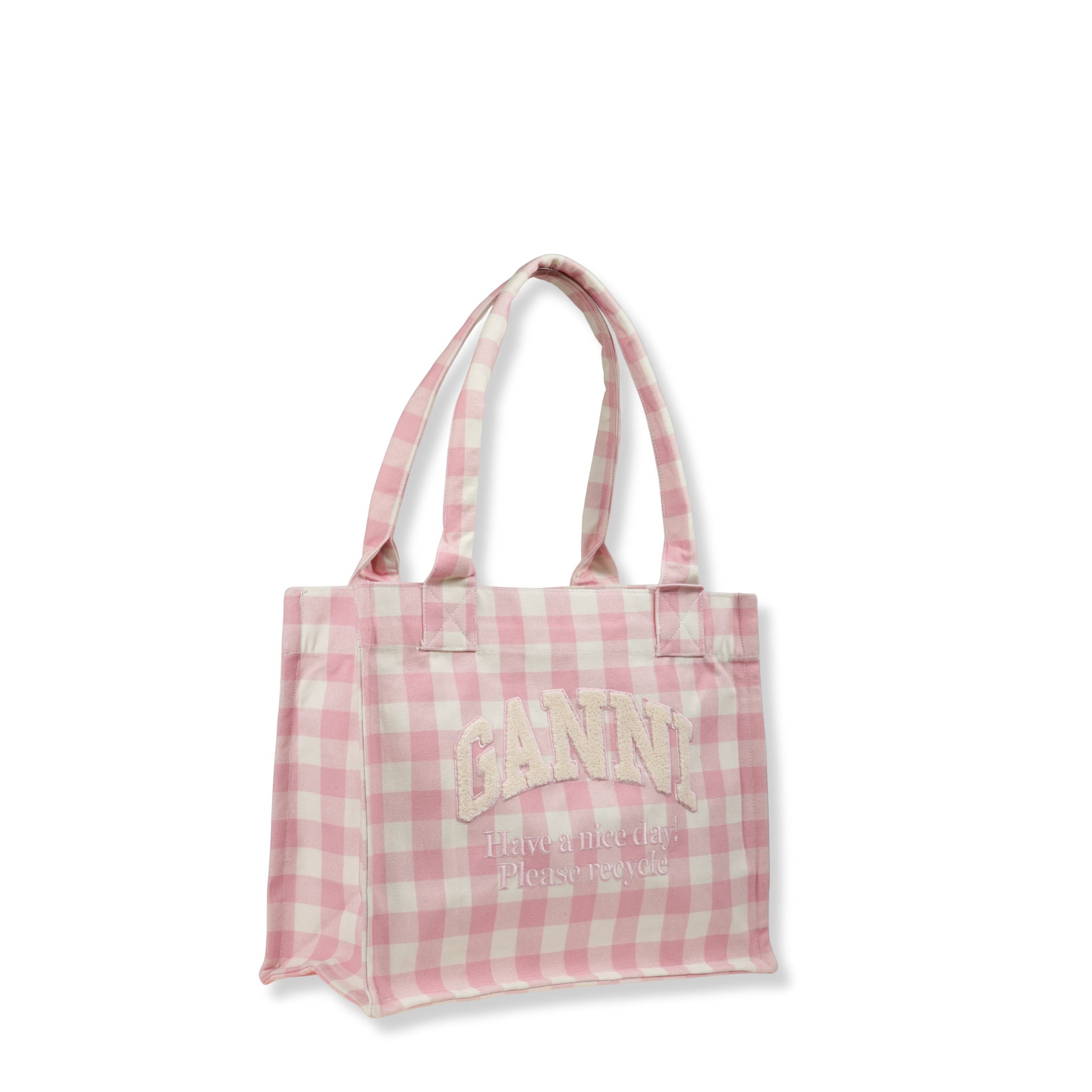 Borsa a mano ganni in cotone. formato shopper bag con doppi manici superiori. stampa vichy.