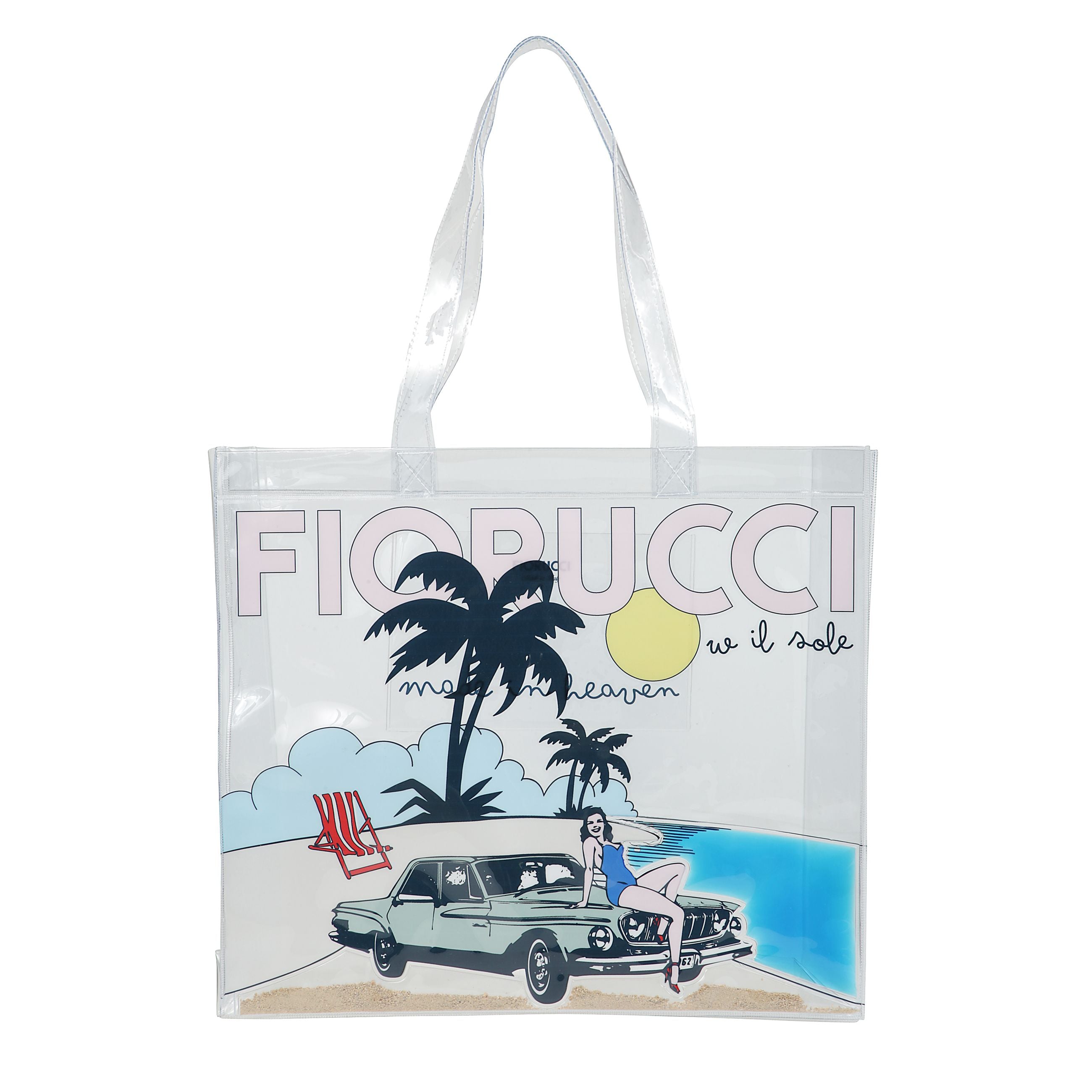Borsa tote da spiaggia con logo fiorucci, con grafica frontale. realizzata in pvc riciclato, ha doppi manici, apertura superiore e tasca interna.
