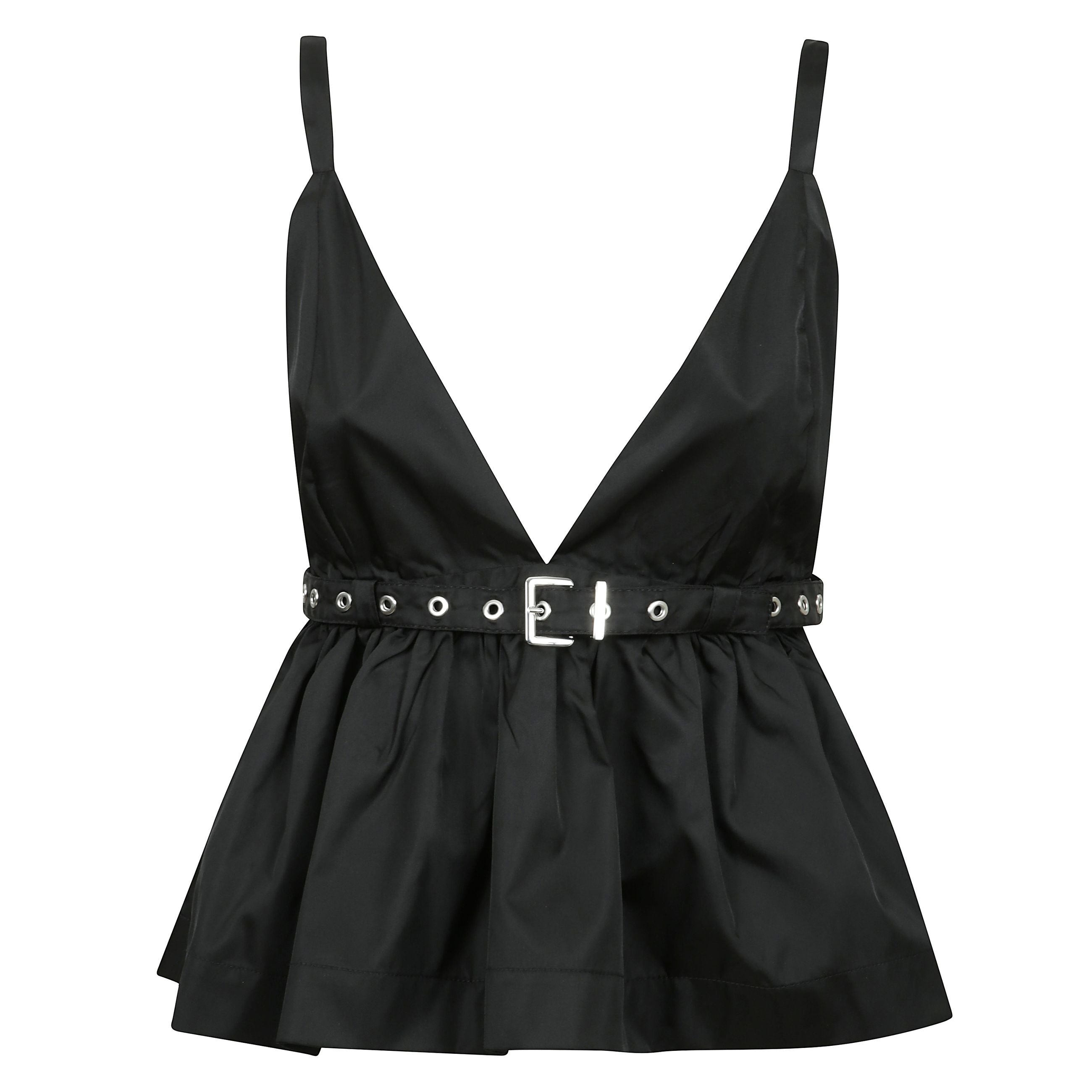 Questo top in nylon con cinturino nero duchesse presenta una profonda scollatura a v, spalline sottili con piccoli occhielli metallici e una cintura coordinata con una fibbia metallica che cinge la vita.