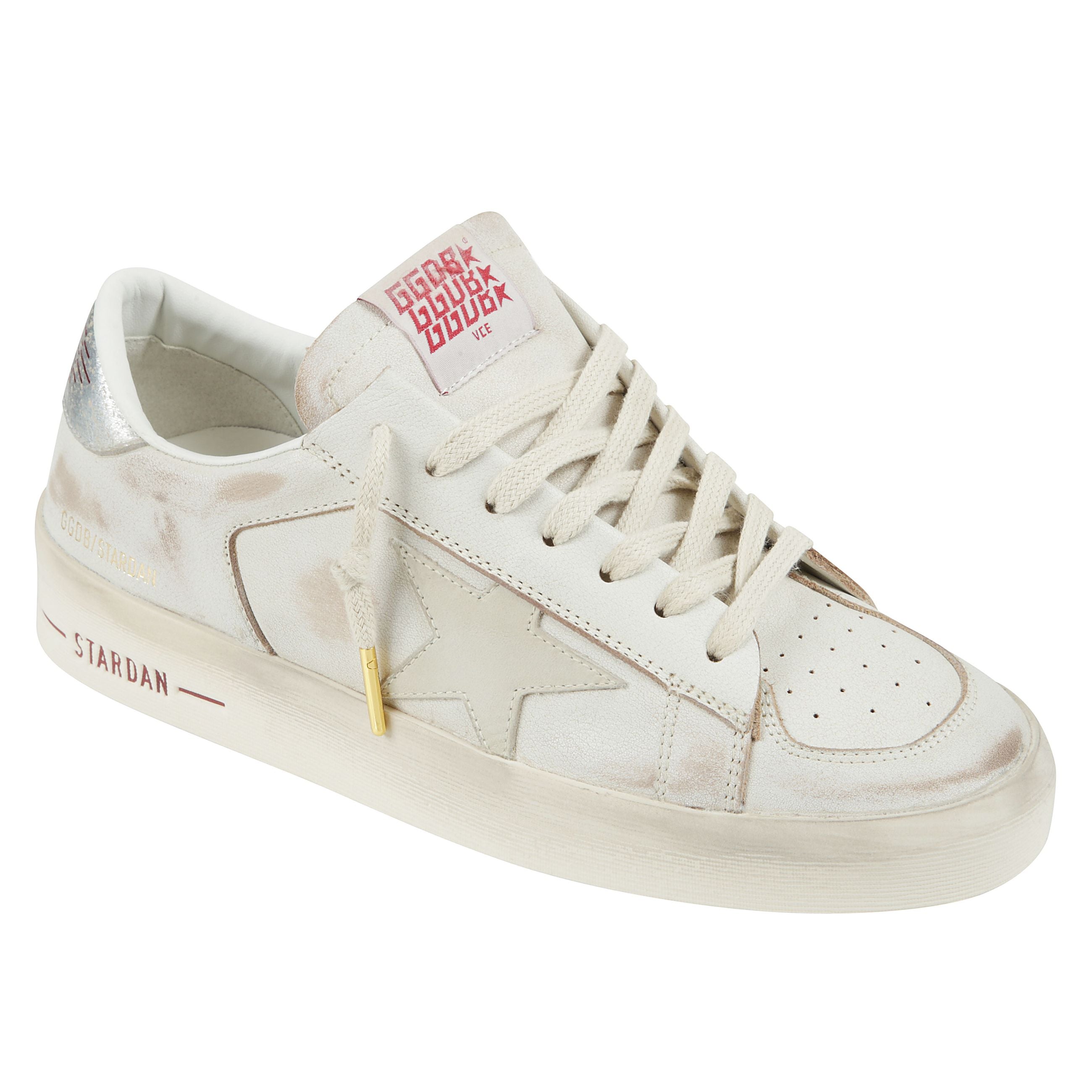 Sneakers stardan in pelle bianca effetto sporco, stella tono su tono con tallone argento