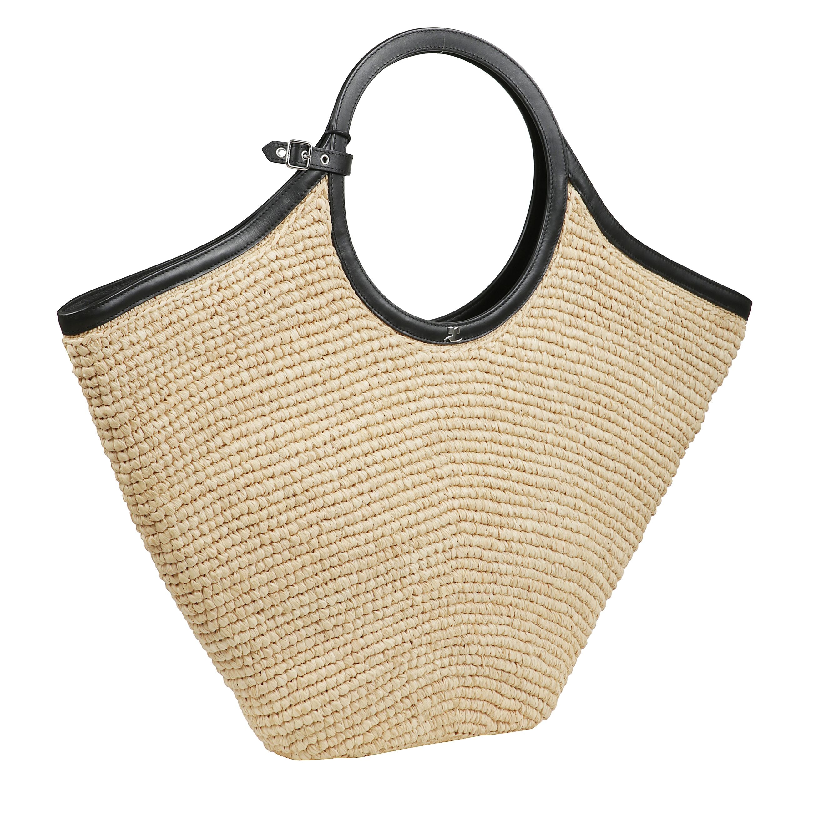 Borsa maxi holy in rafia aperta in alto con maniglie superiori circolari
rifinite in pelle.