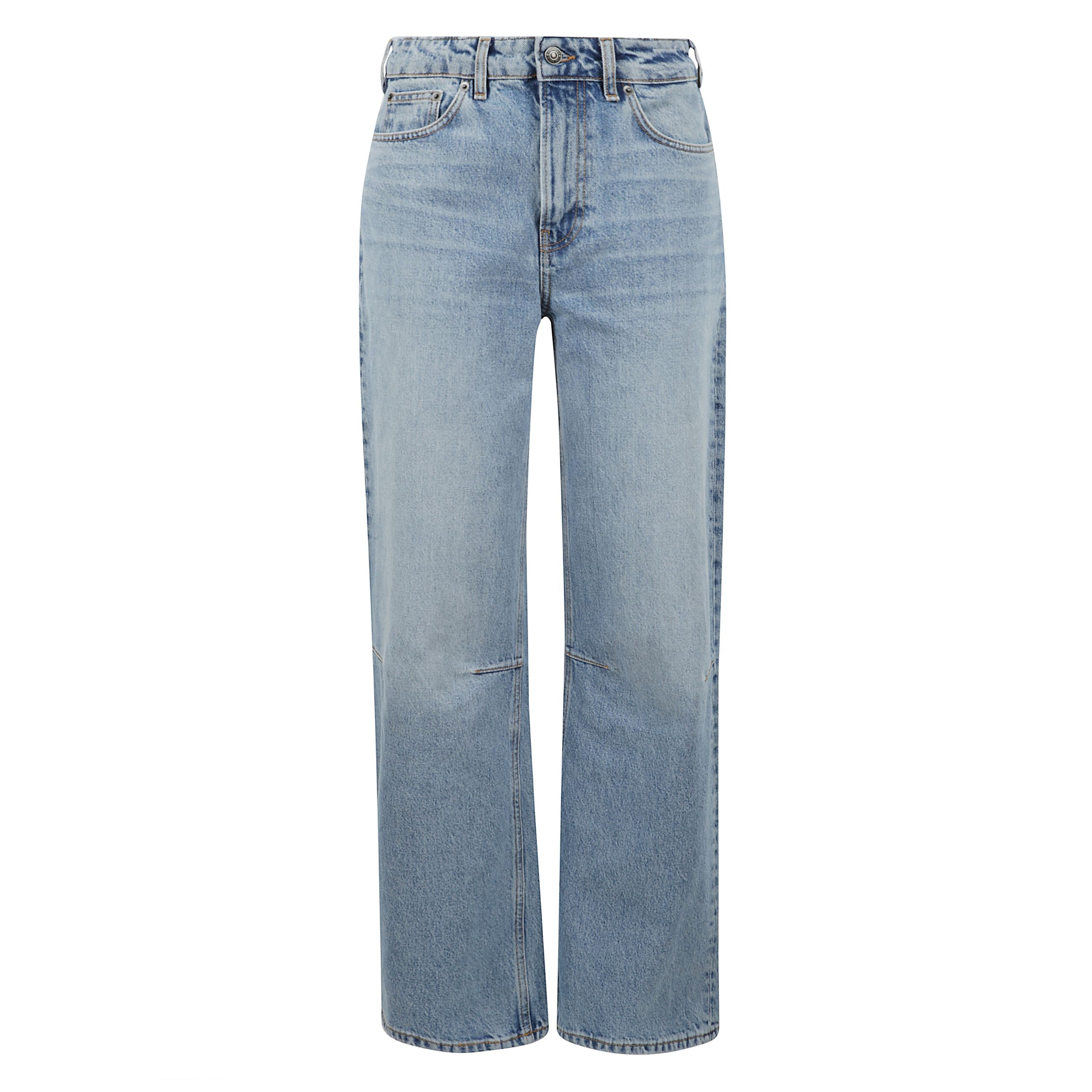 Jeans baggy in un lavaggio azzurro chiaro. i jeans hanno una vestibilità a vita media, un design a 5 tasche, una cintura con passante e una chiusura con bottone e cerniera