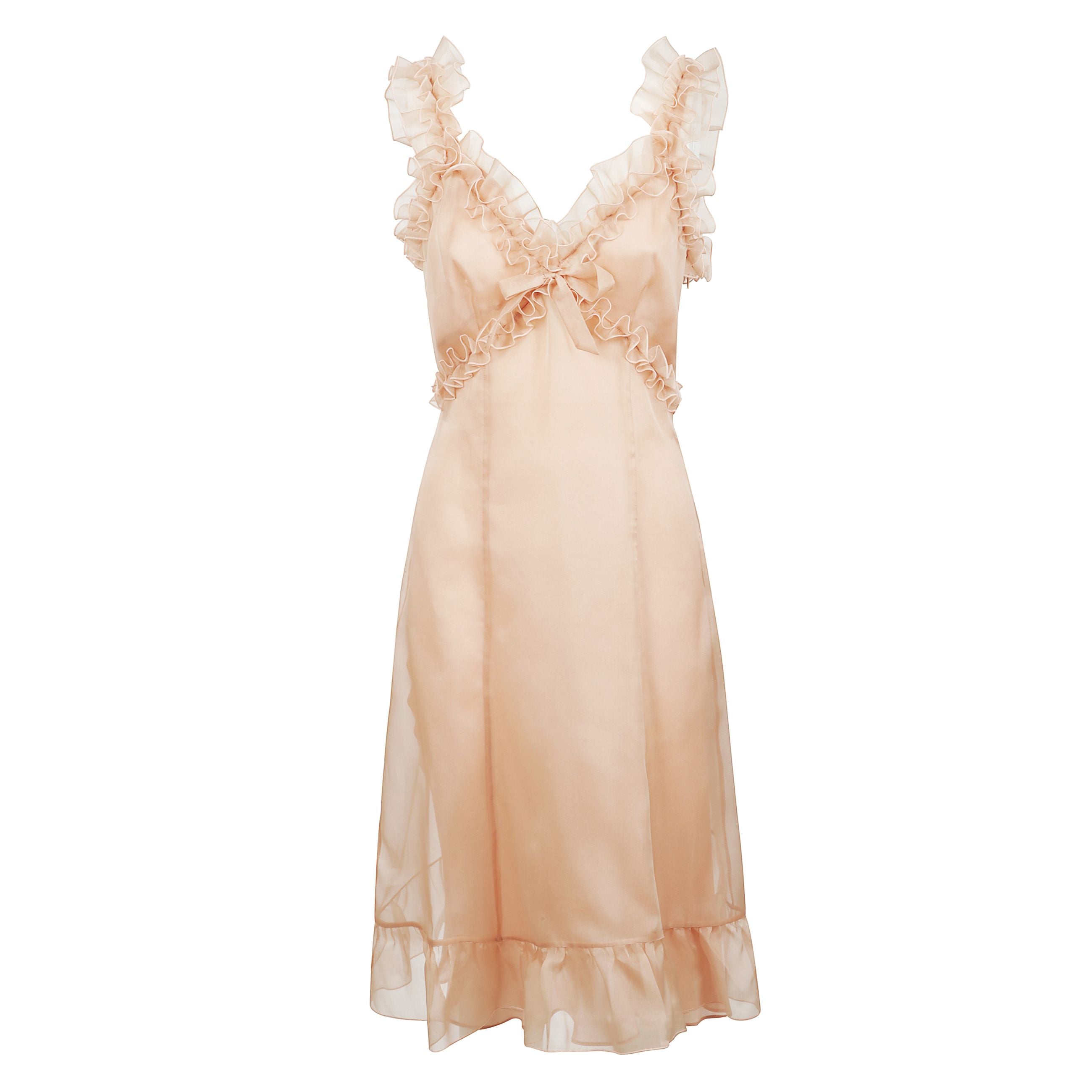 Abito midi con ruches in 100% seta, chiusura laterale con zip nascosta,
sottoveste interna e scollo a v