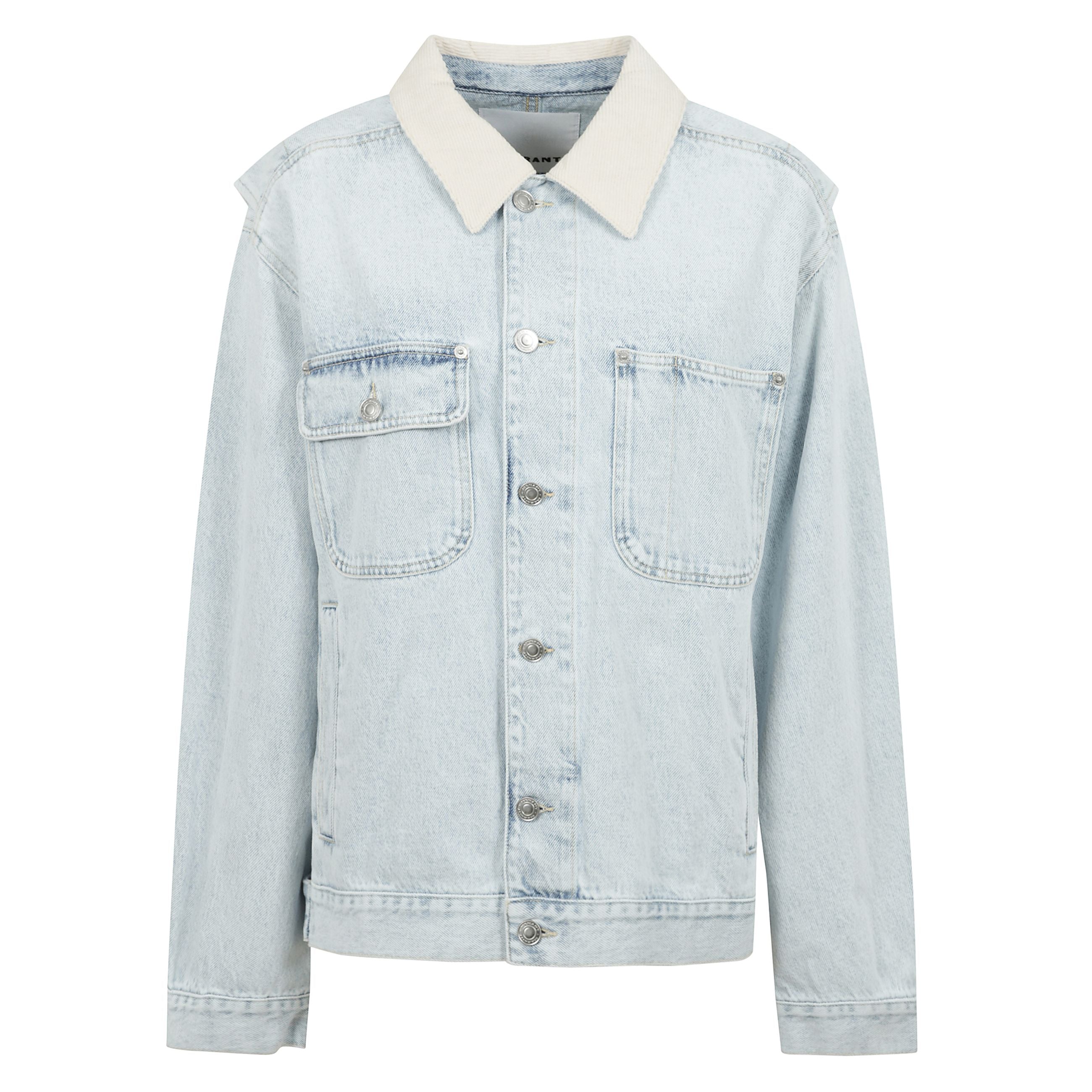 Giacca jotham in denim con abbottonatura frontale, colletto a coste, due tasche a filetto laterali e tasca sul petto con chiusura a bottone