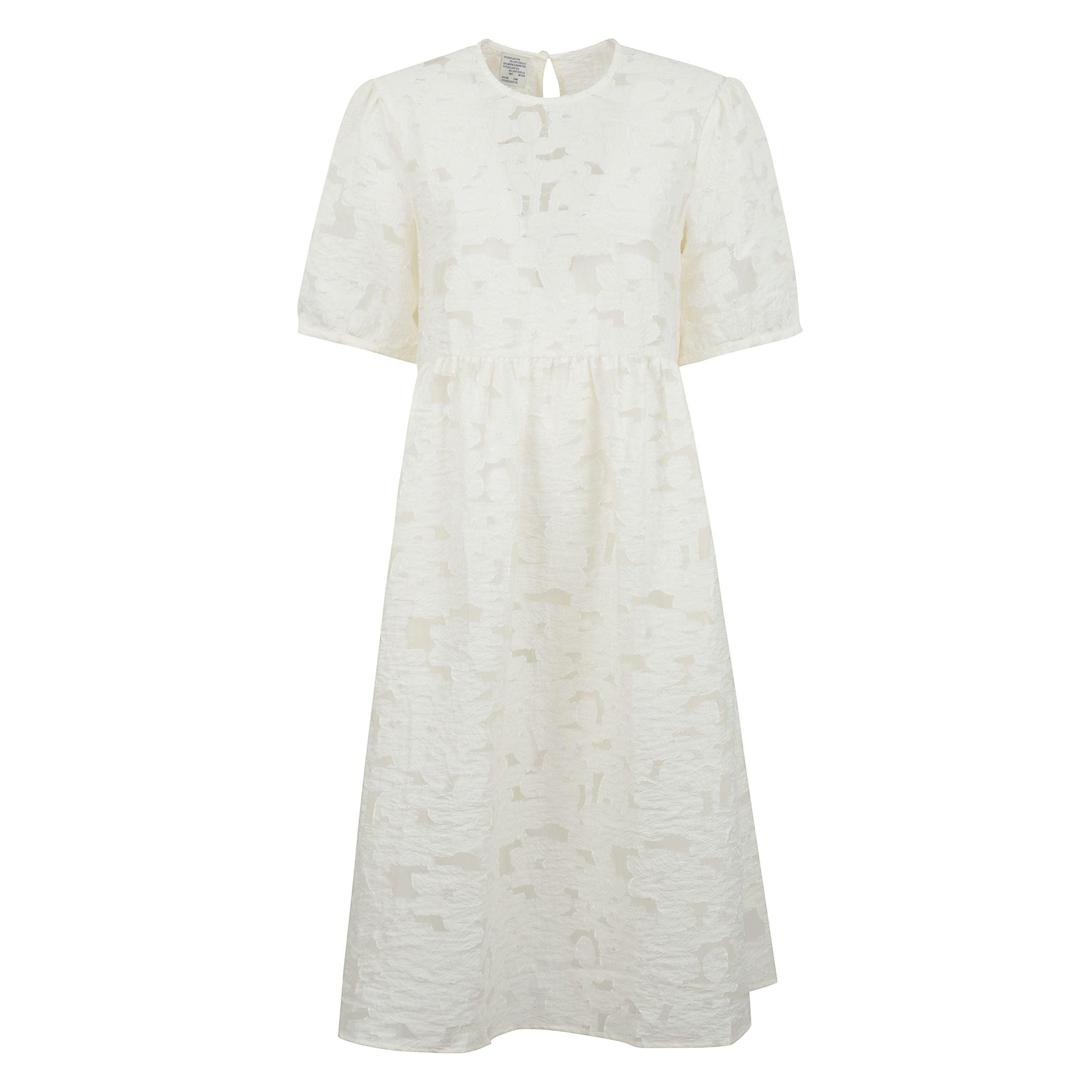 Abito midi semitrasparente realizzato in pizzo floreale, caratterizzato da maniche voluminose