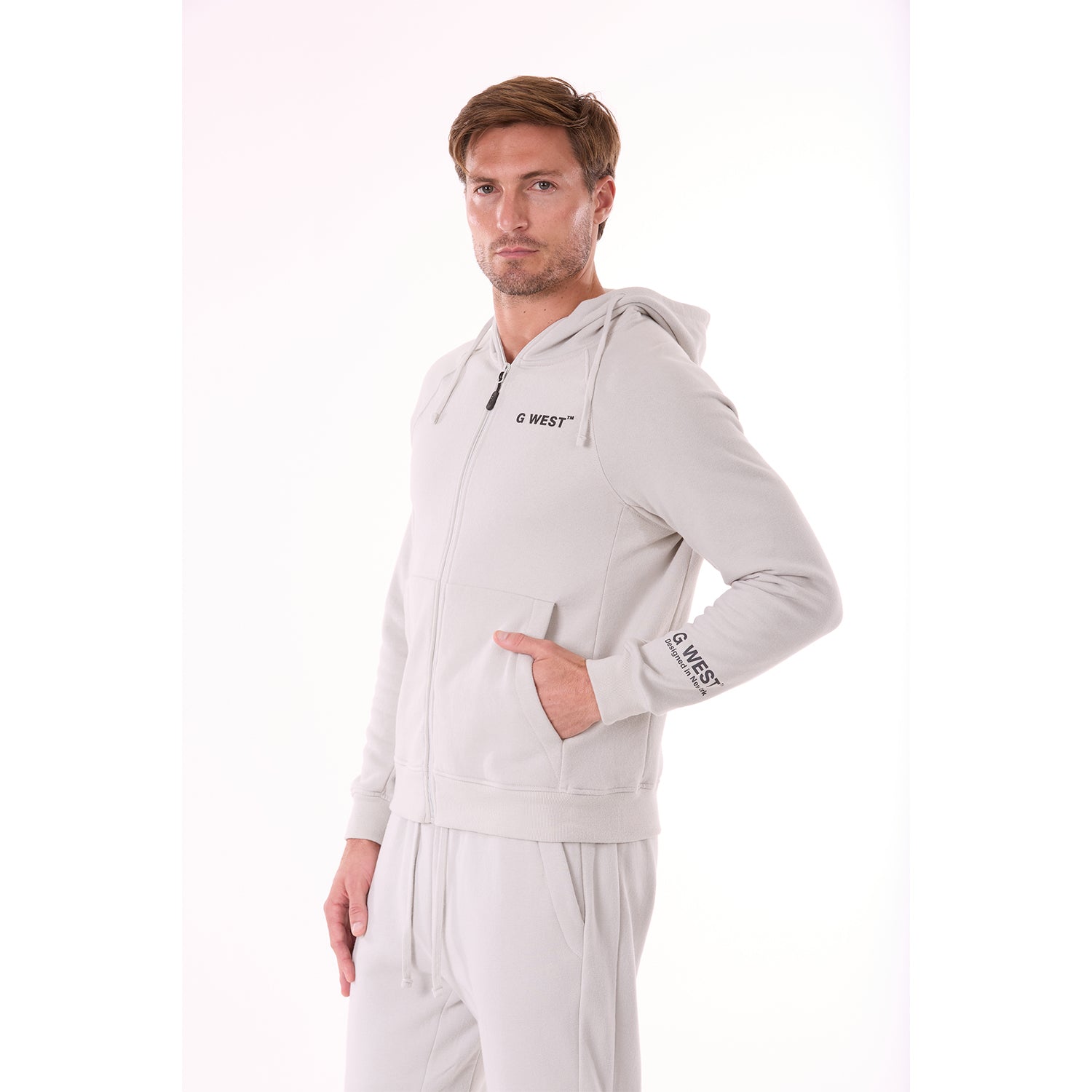 G WEST MENS FLEECE  ZIPPER HOODIE - STORMY GRAY