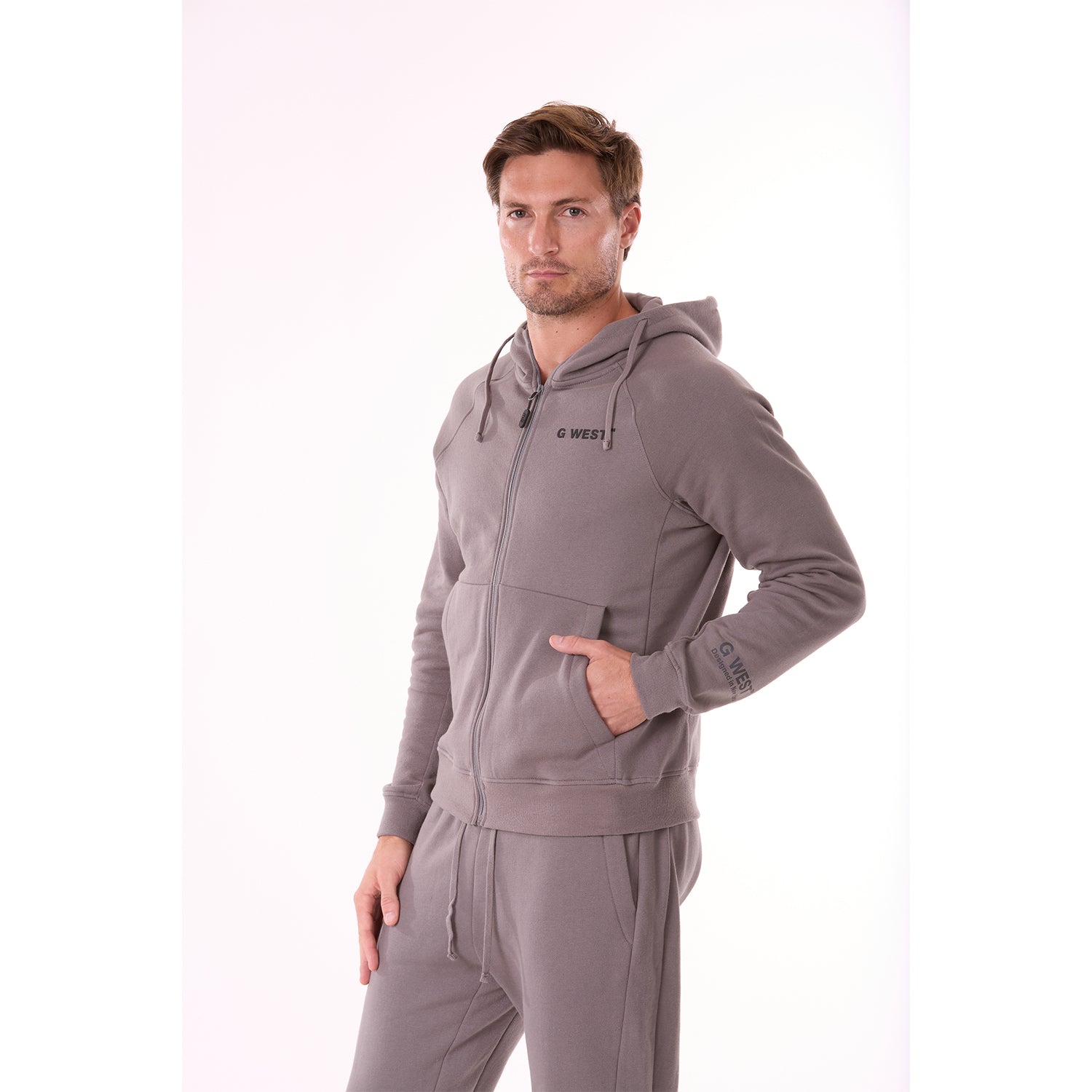 G WEST MENS FLEECE  ZIPPER HOODIE - CHARCOAL GREY