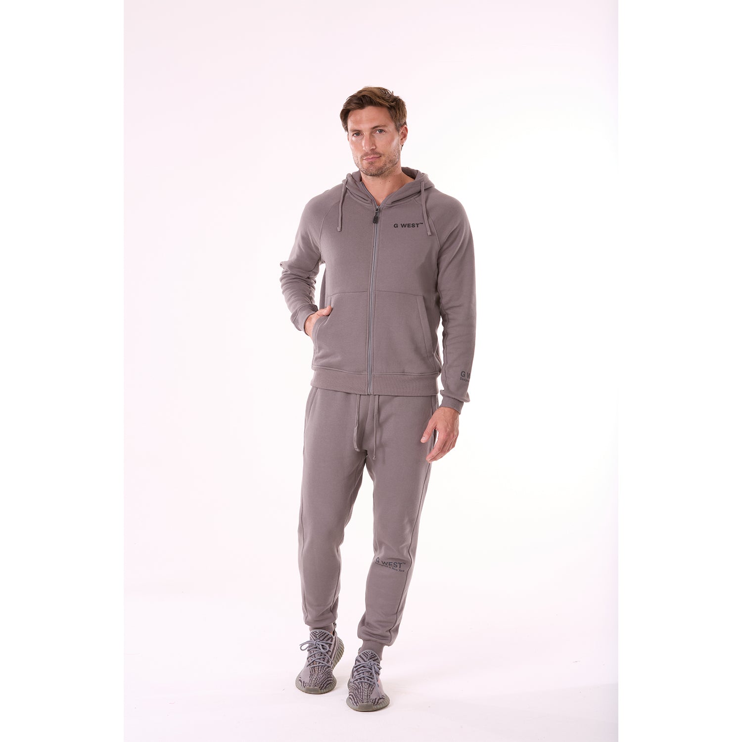 G WEST MENS FLEECE  ZIPPER HOODIE - CHARCOAL GREY