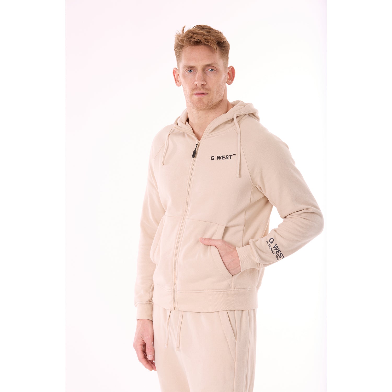 G WEST MENS FLEECE  ZIPPER HOODIE - BROWN RICE