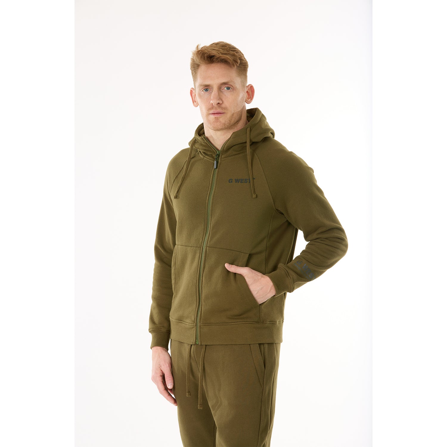 G WEST MENS FLEECE  ZIPPER HOODIE - DARK OLIVE