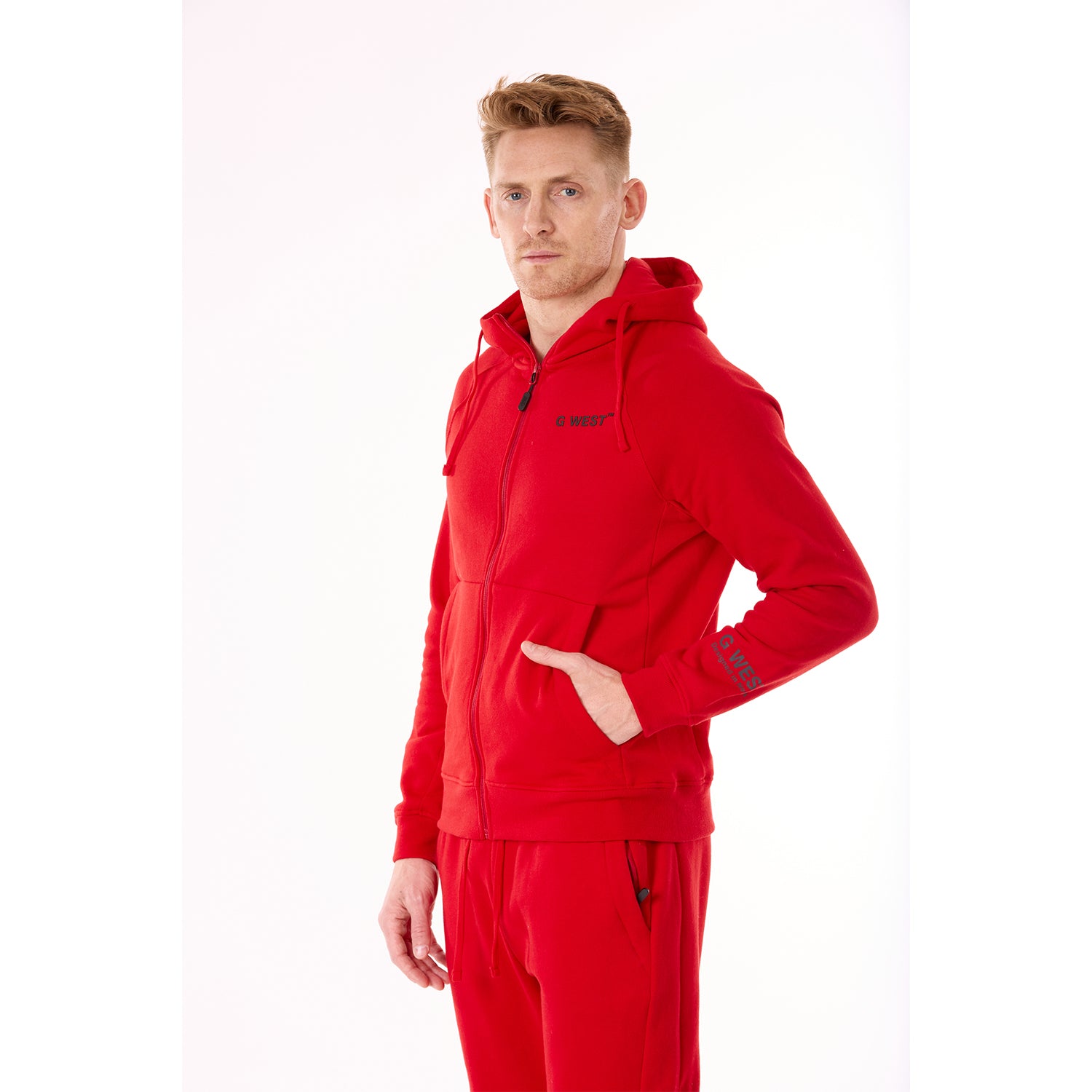 G WEST MENS FLEECE  ZIPPER HOODIE - RACING RED