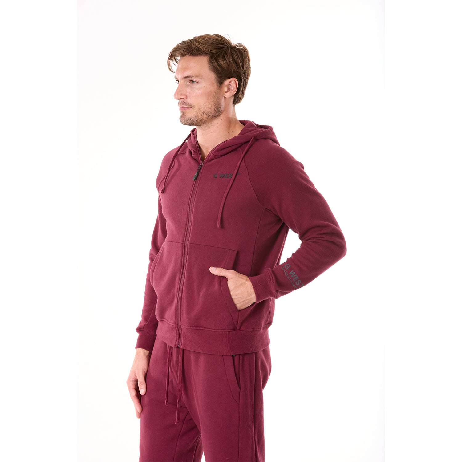 G WEST MENS FLEECE  ZIPPER HOODIE - BURGUNDY