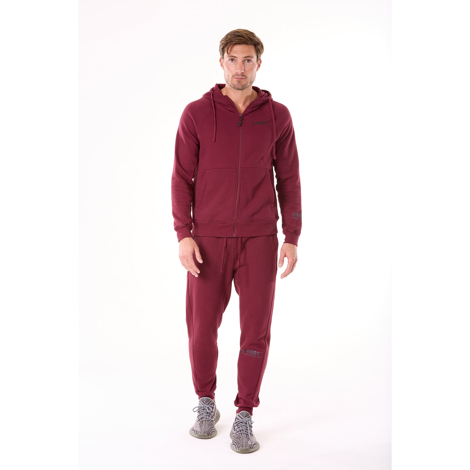 G WEST MENS FLEECE  ZIPPER HOODIE - BURGUNDY