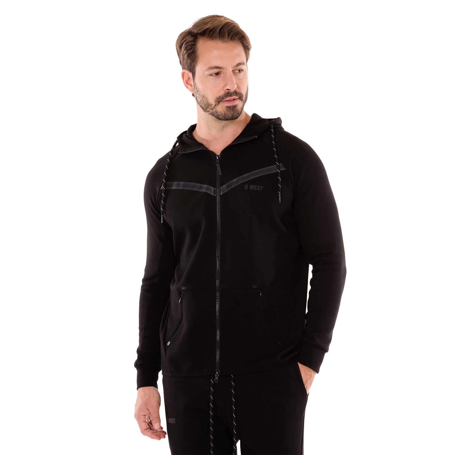 G WEST MENS FLEECE  ZIPPER HOODIE - BLACK
