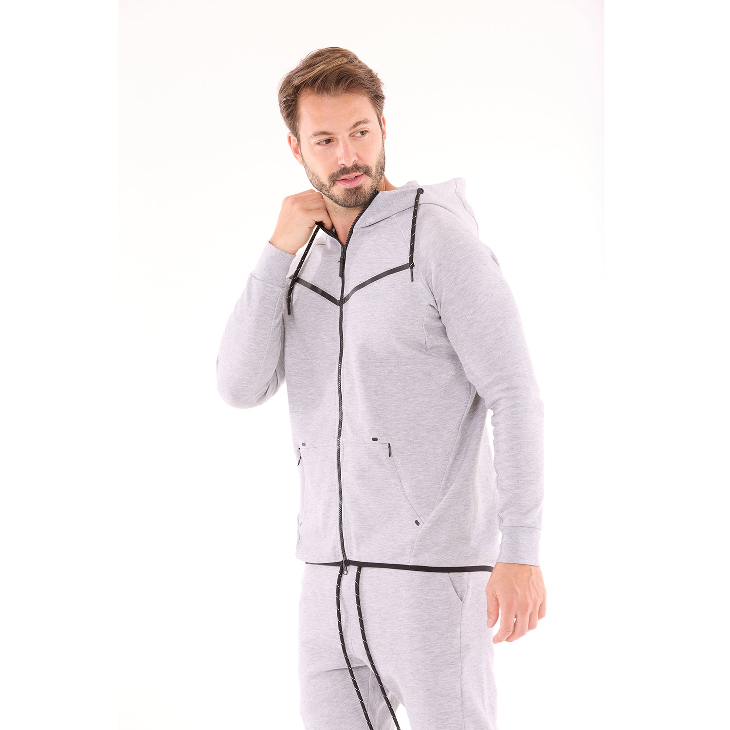 G WEST MENS FLEECE  ZIPPER HOODIE - GREY