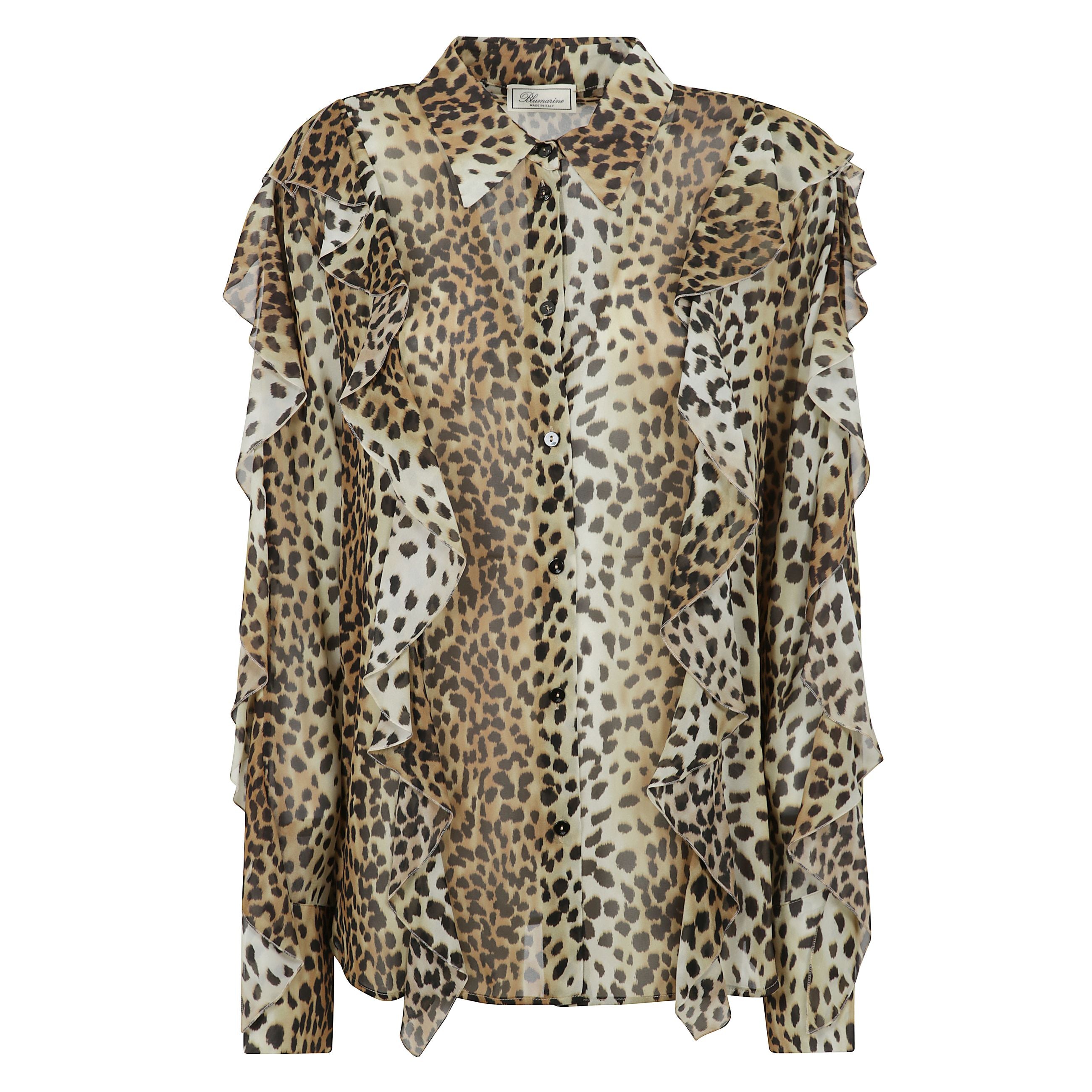 Camicia scivolata in georgette di viscosa stampata con volant. polsi alti con bottoni.