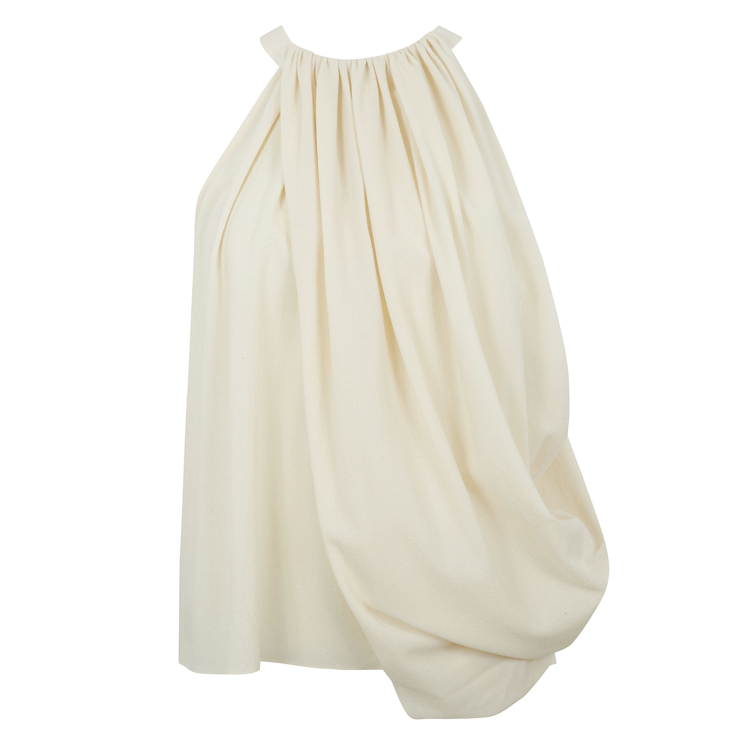 Top senza maniche dal design asimmetrico con drappeggio sul davanti e chiusura con bottone posteriore