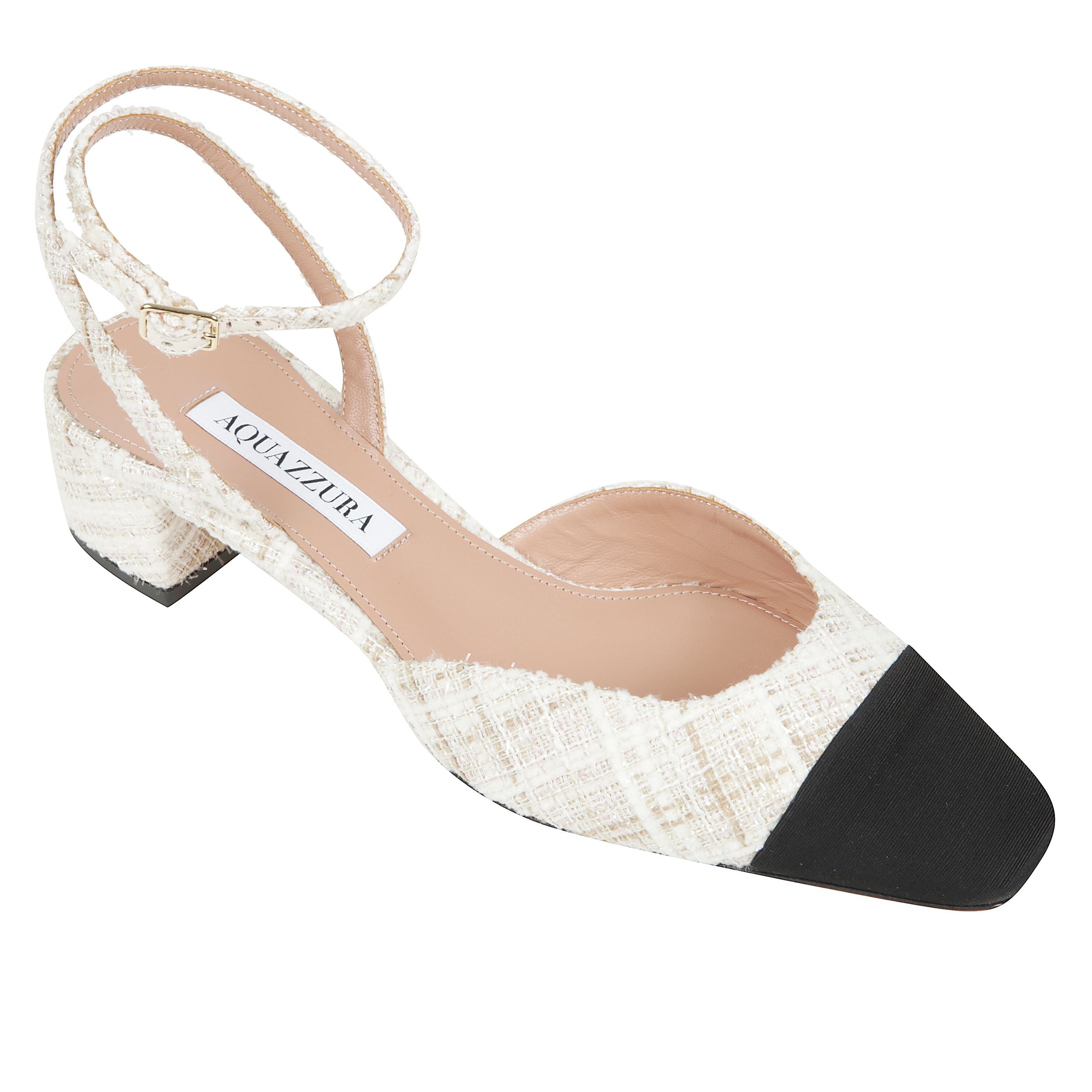 French flirt pump 35 scarpa in tweed e tessuto con tacco largo e cinturino regolabile con fibbia