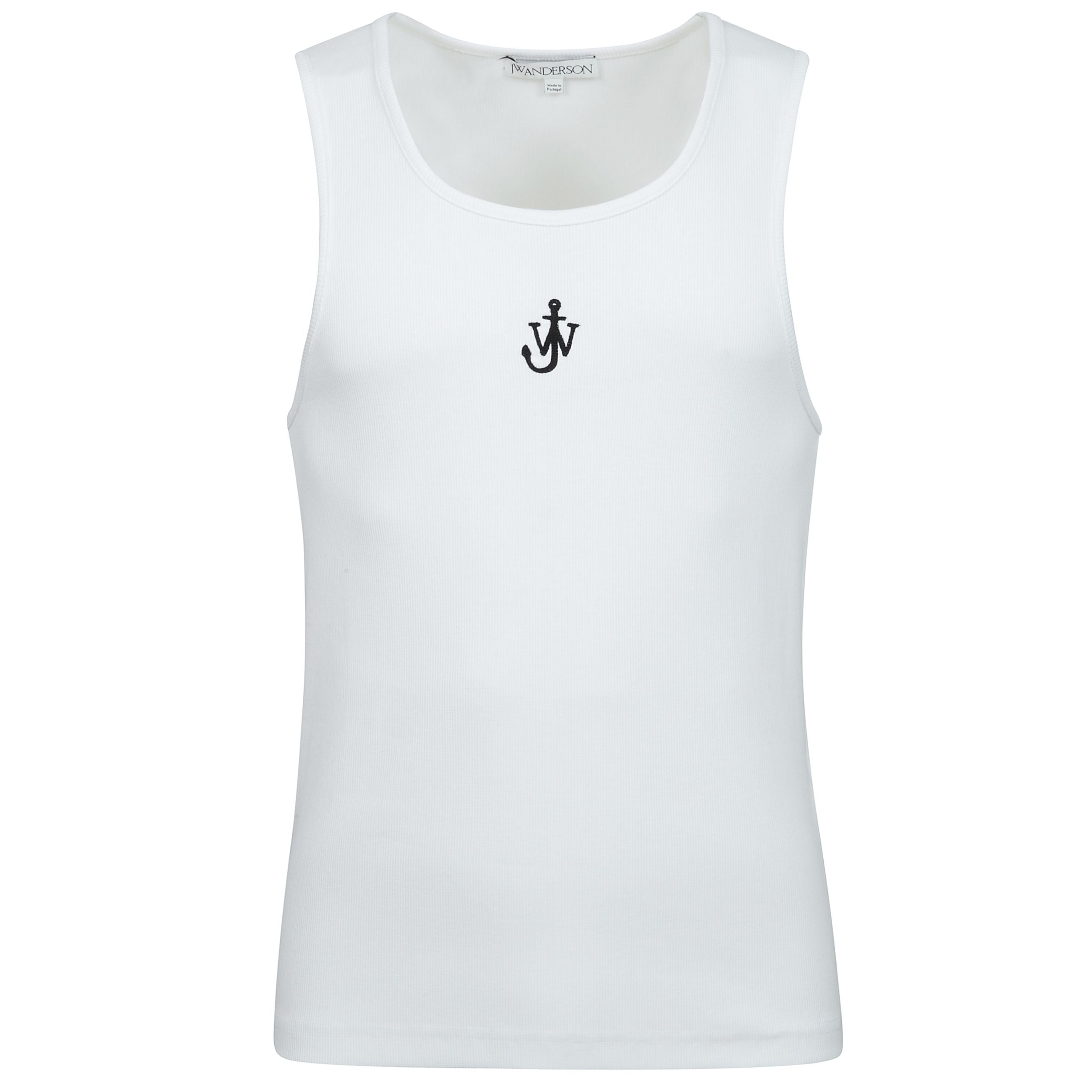 Canotta in cotone con scollo rotondo. piccolo logo del brand jw anderson ricamato sul petto. piccoli orli elasticizzati a costine.