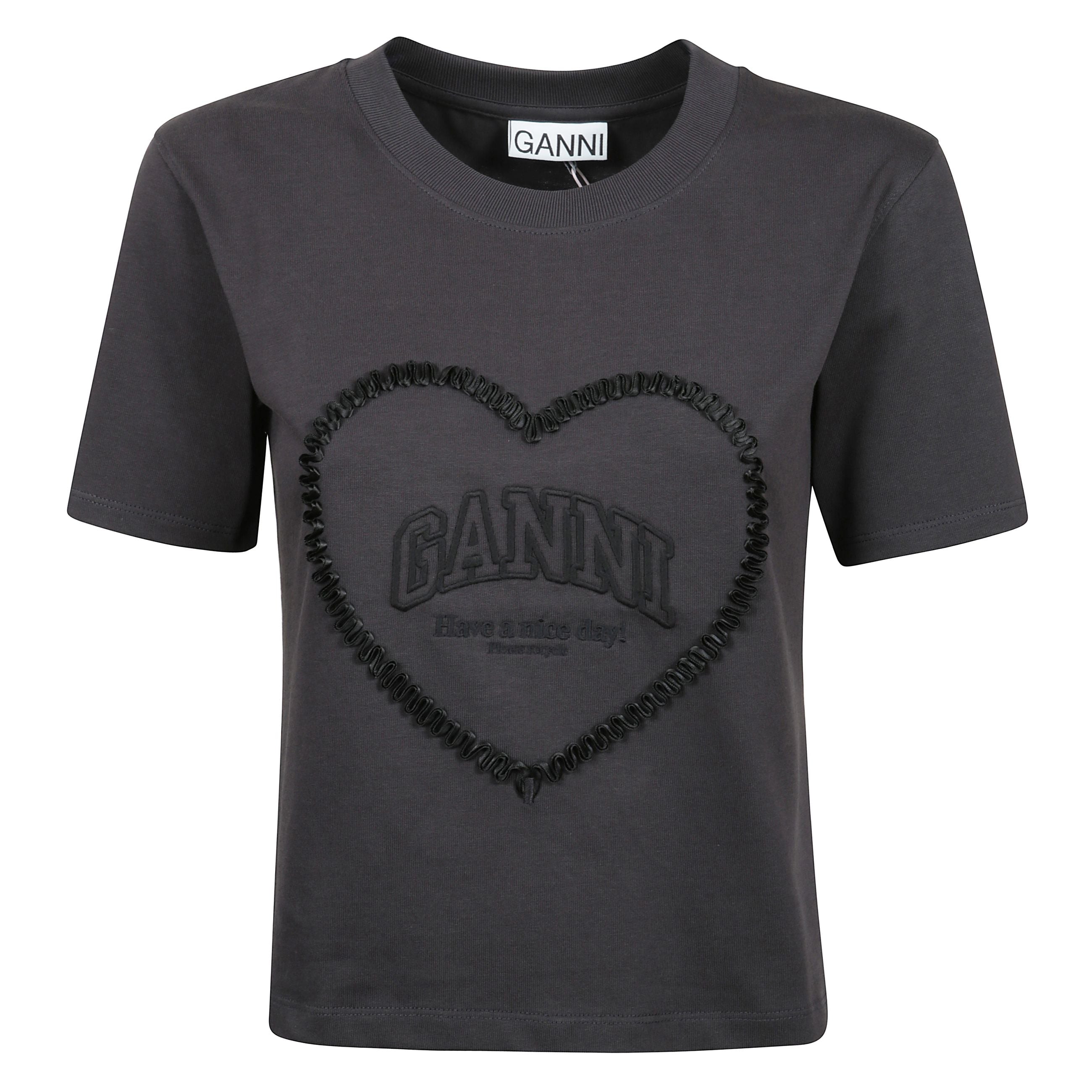 Questa maglietta nera in cotone pesante presenta una scollatura rotonda, maniche corte, un cuore ricamato con il logo ganni e la frase 'buona giornata! si prega di riciclare.