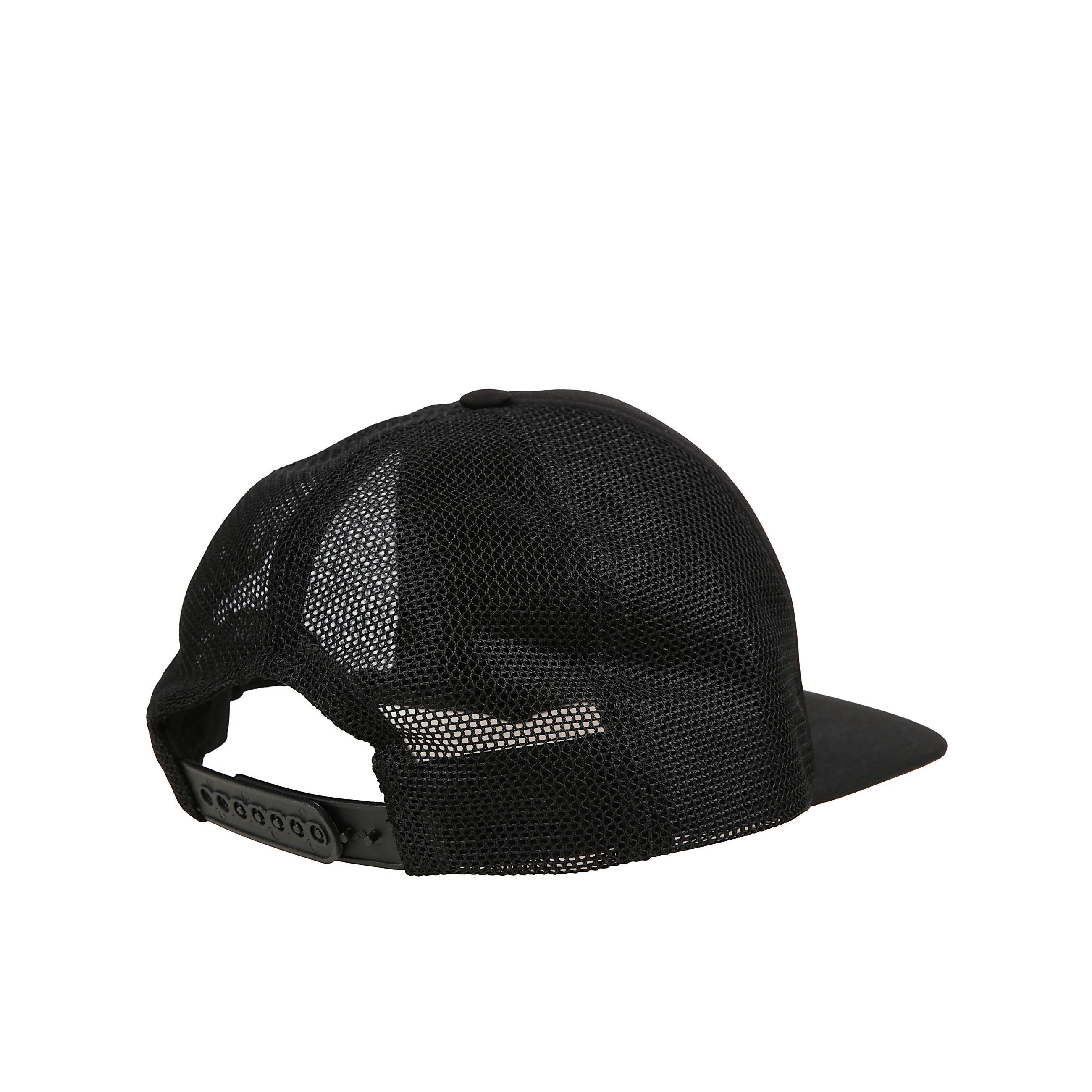 Metallica cap in black, un classico trucker cap stile con costruzione in neoprene e mesh indietro. presenta un logo metallica serigrafato sul davanti e regolatore snapback sul retro.