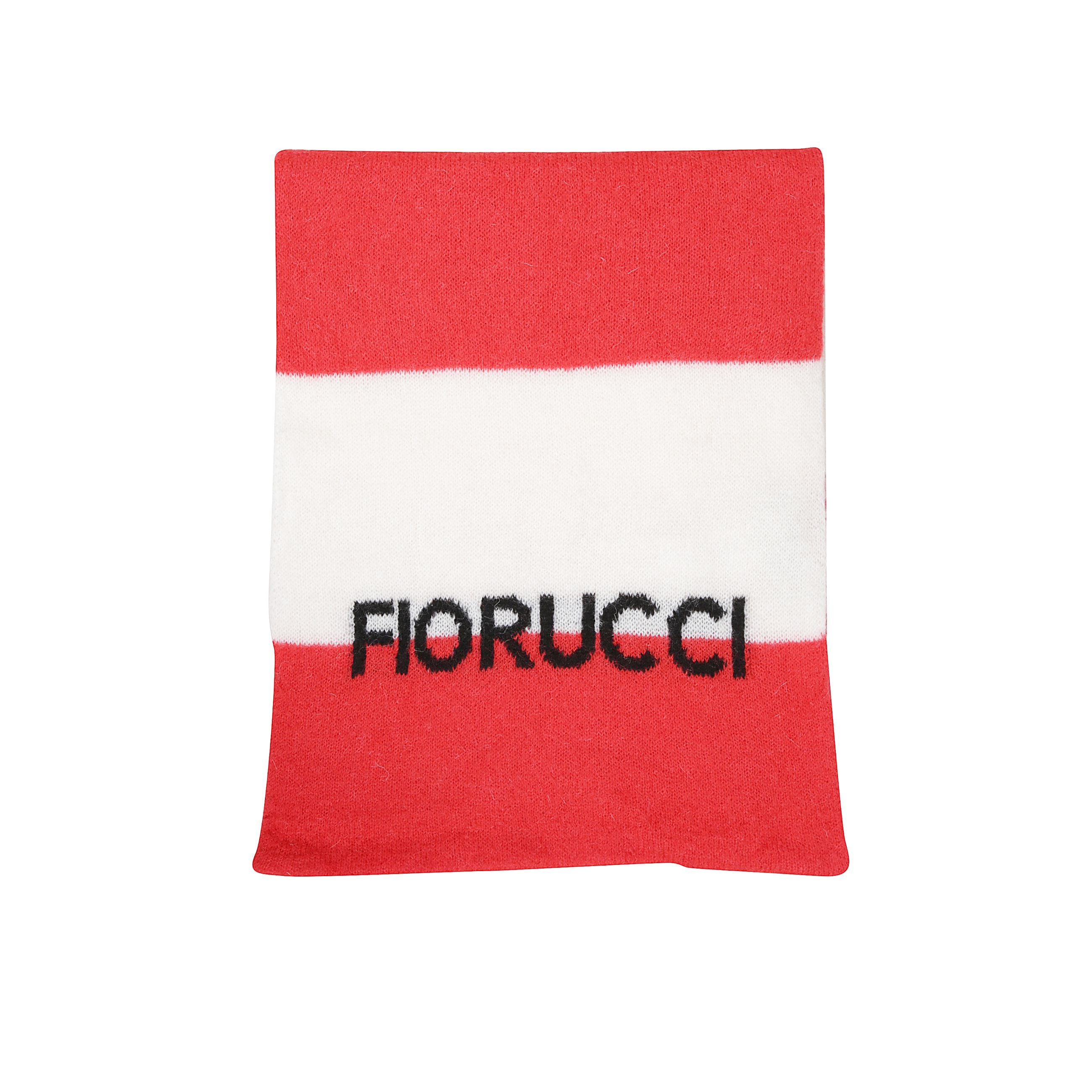 Sciarpa a bande orrizzontali bianche e rosse. firma fiorucci ricamata in nero sul fronte.