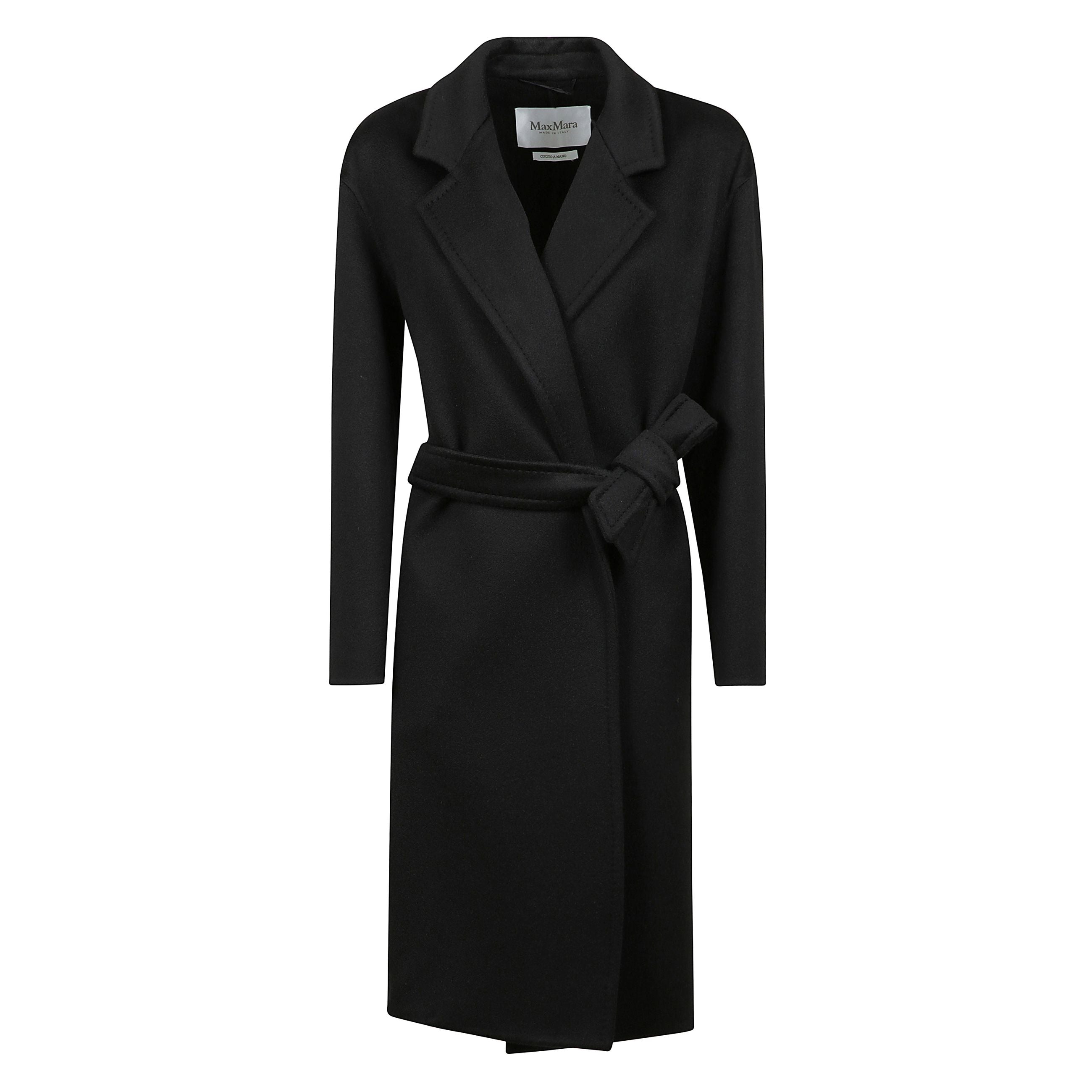 Cappotto midi in doppio tessuto di cashmere, modello a vestaglia, manica lunga con spalla scesa, tasche, spacco posteriore, cintura removibile.