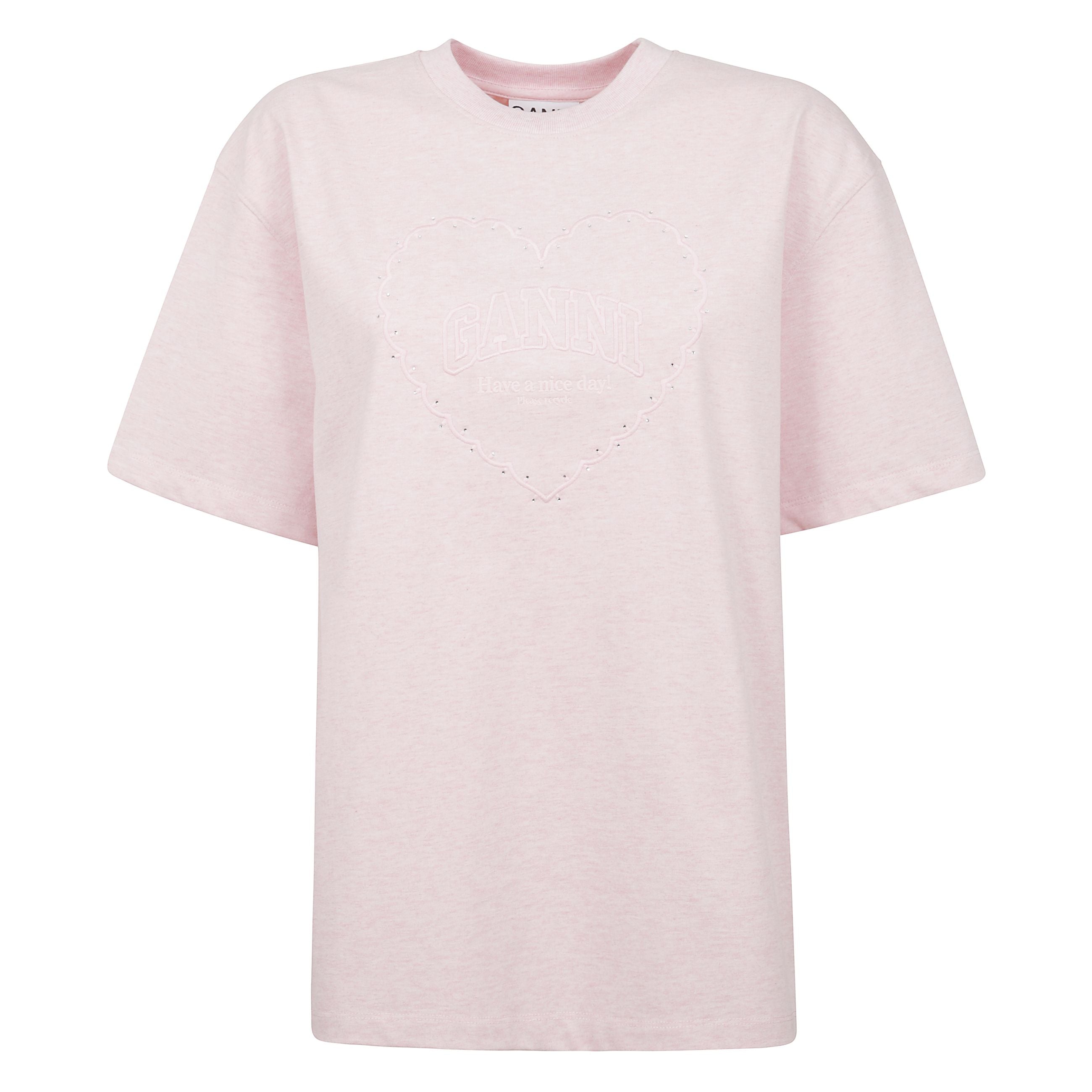 Questa maglietta rosa pesante in cotone con spalle a goccia presenta una scollatura rotonda, maniche corte, un cuore ricamato con il logo ganni e la frase 'buona giornata! si prega di riciclare.