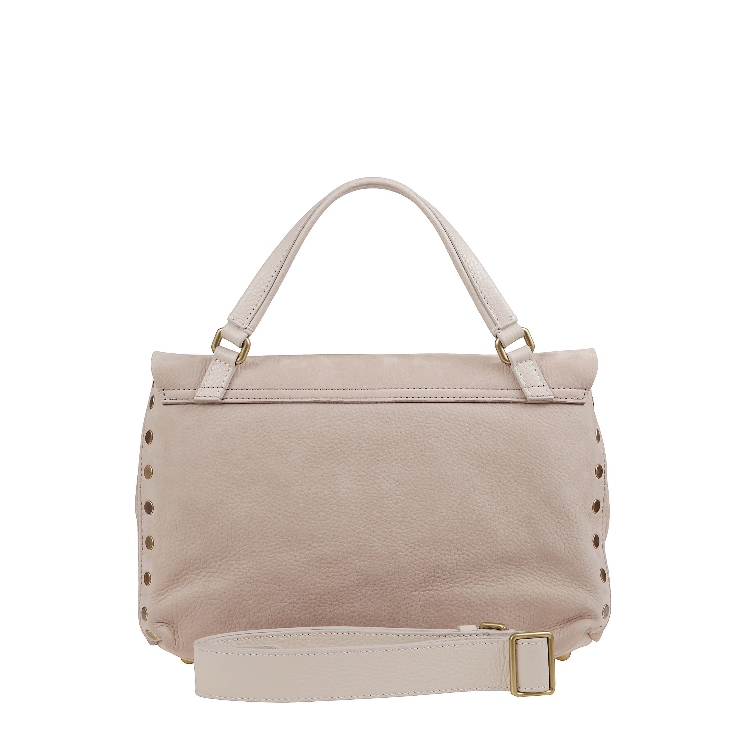 Borsa postina jones di zanellato in beige malva. doppio scompartimento interno, manico e tracolla regolabile e removibile. chiusura con patta e girello.