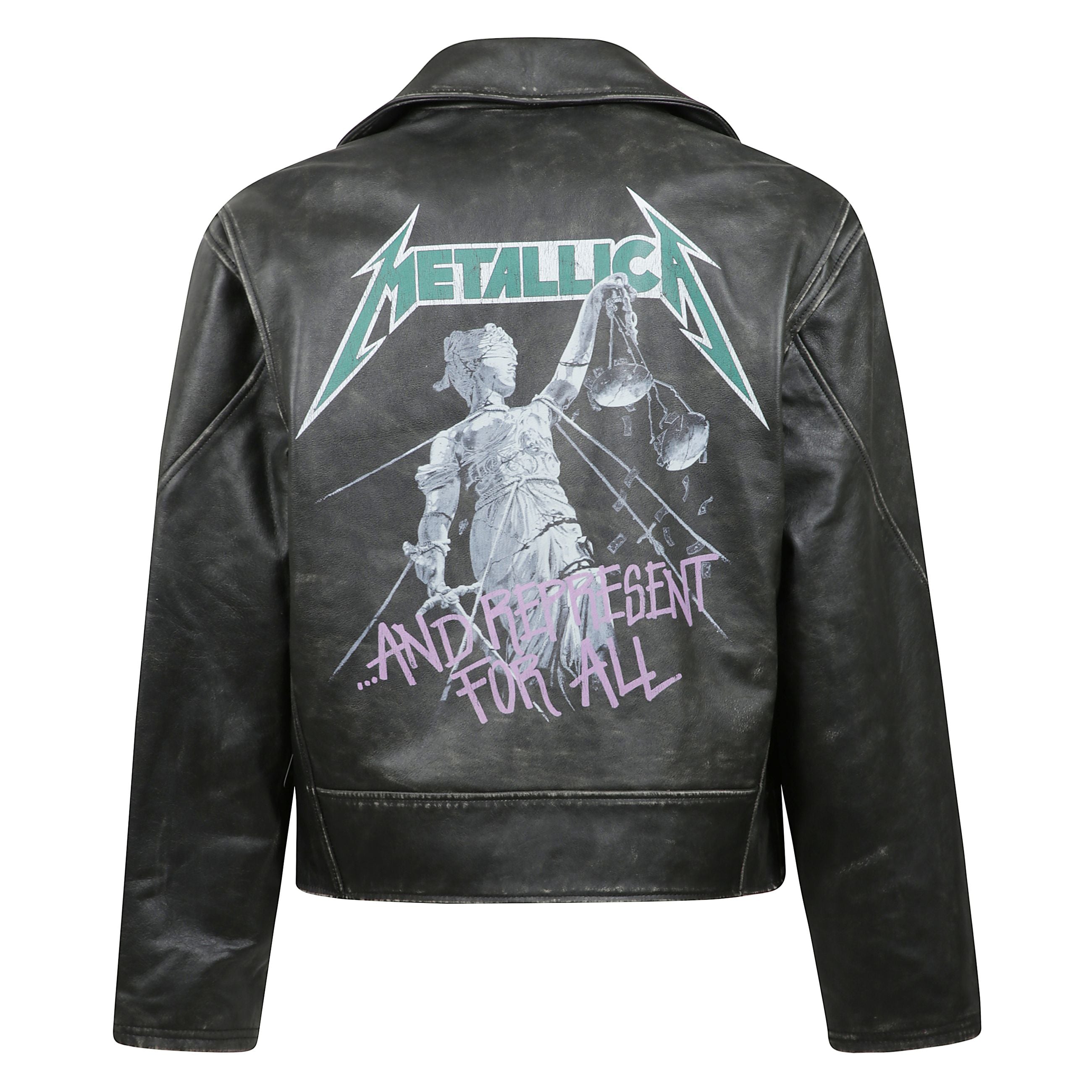 Giubbino in pelle metallica con abbottonatura con zip, patch e stampa posteriore