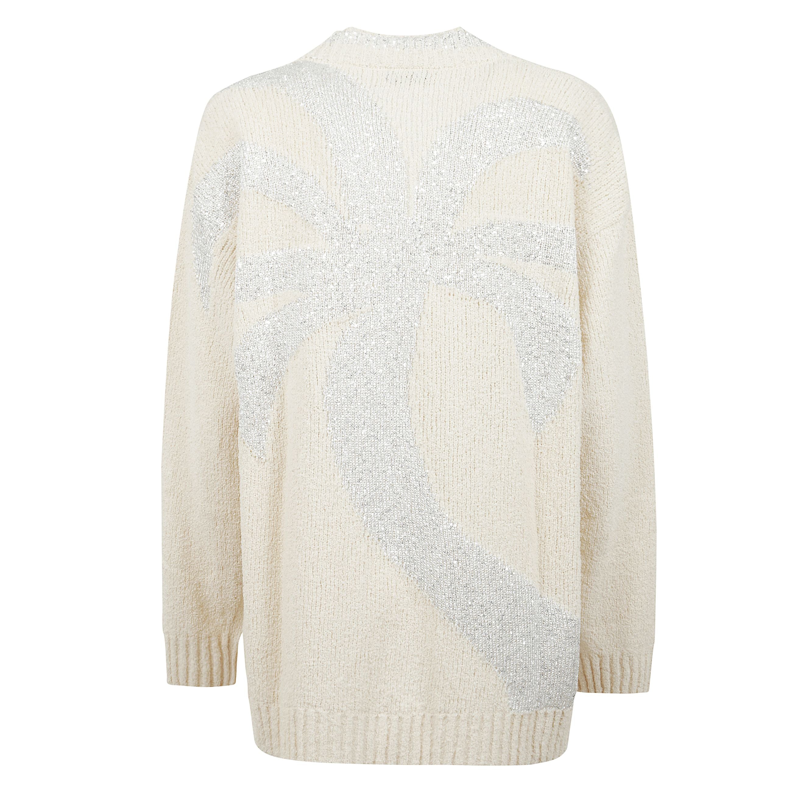 Questo cardigan presenta una silhouette boxy con chiusura frontale senza bottoni e tasche a toppa. impreziosito da un ricamo jacquard con filo di paillettes sul retro.