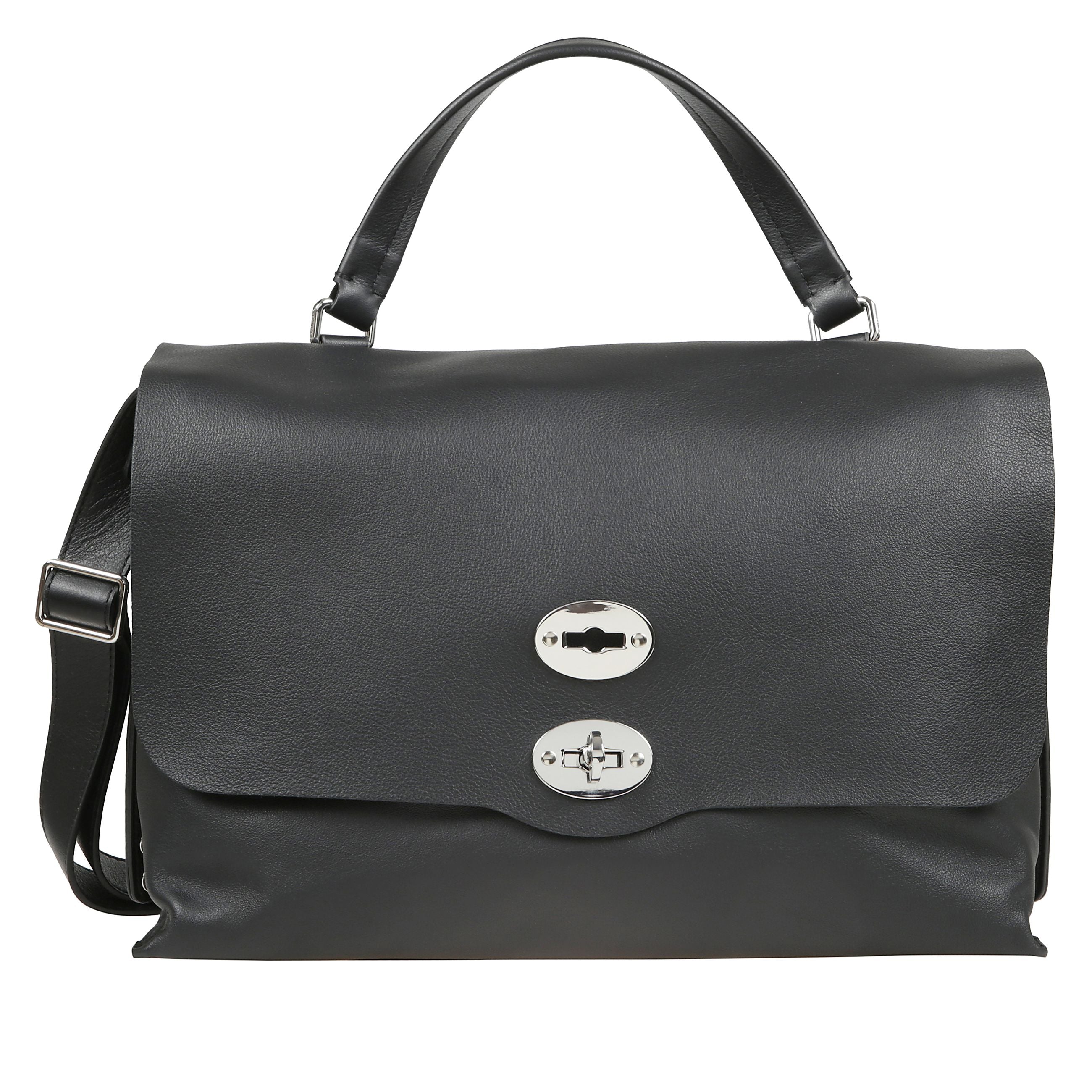 Borsa a mano con tracolla modello in pelle liscia. dotata di tracolla regolabile, doppio scomparto interno, chiusura a girello e borchie laterali