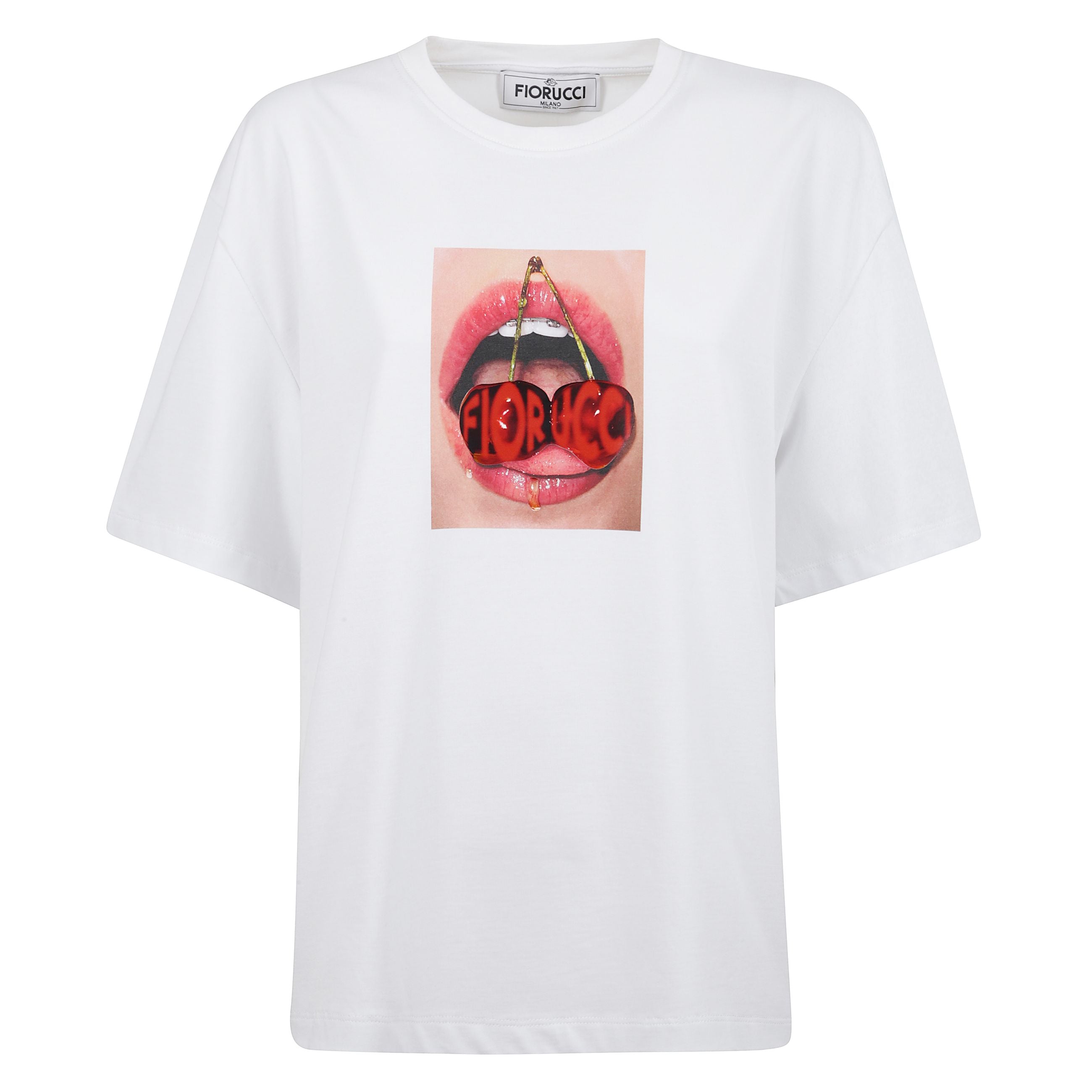 T-shirt bianca a maniche corte in cotone. vestibilitÃ  ampia e scollo rotondo con orlo dritto. stampa cherry mouth sul fronte che evidenzia la firma del brand fiorucci.