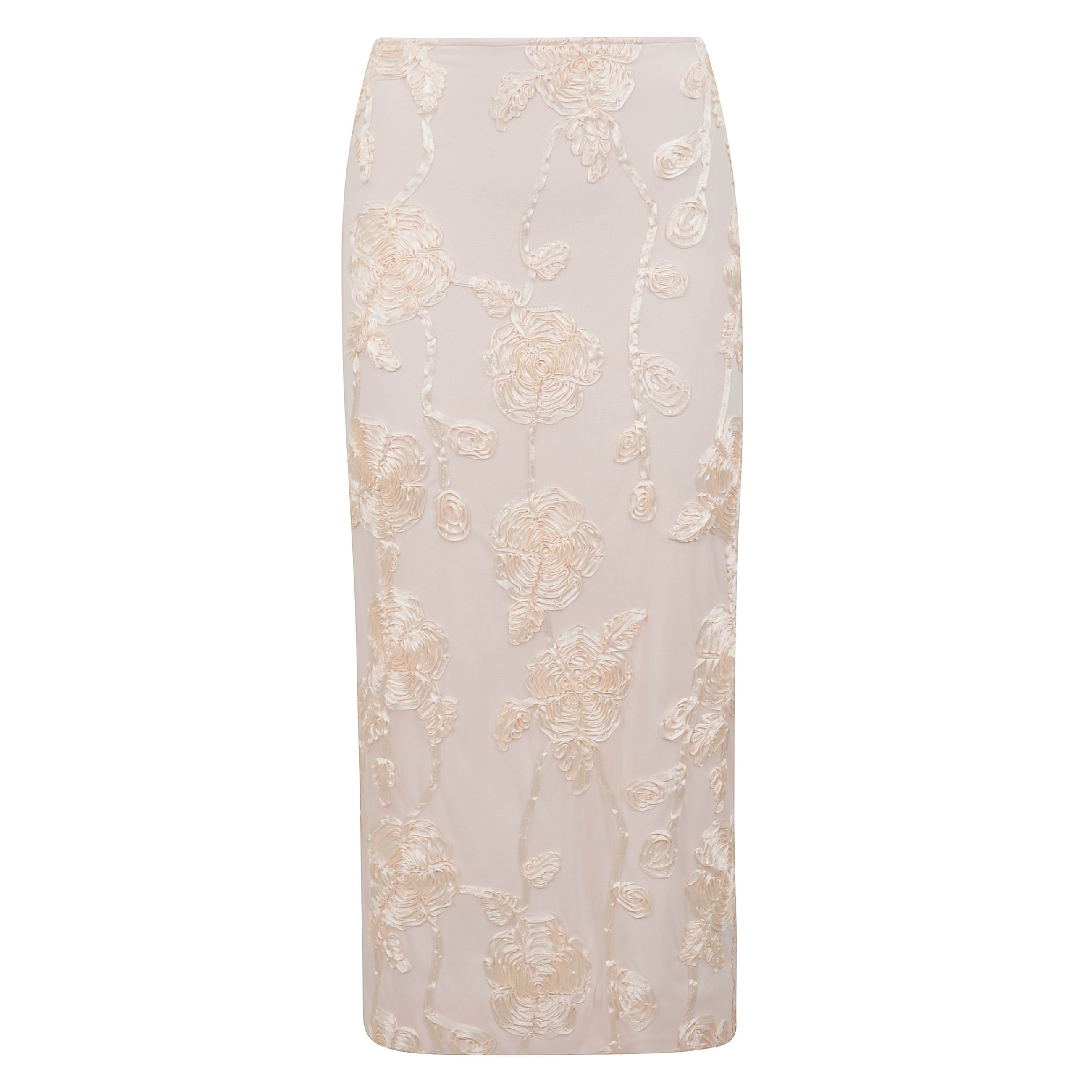 Gonna midi rotate realizzata in tessuto con applicazioni decorative, chiusura con cerniera e gancetto sul retro