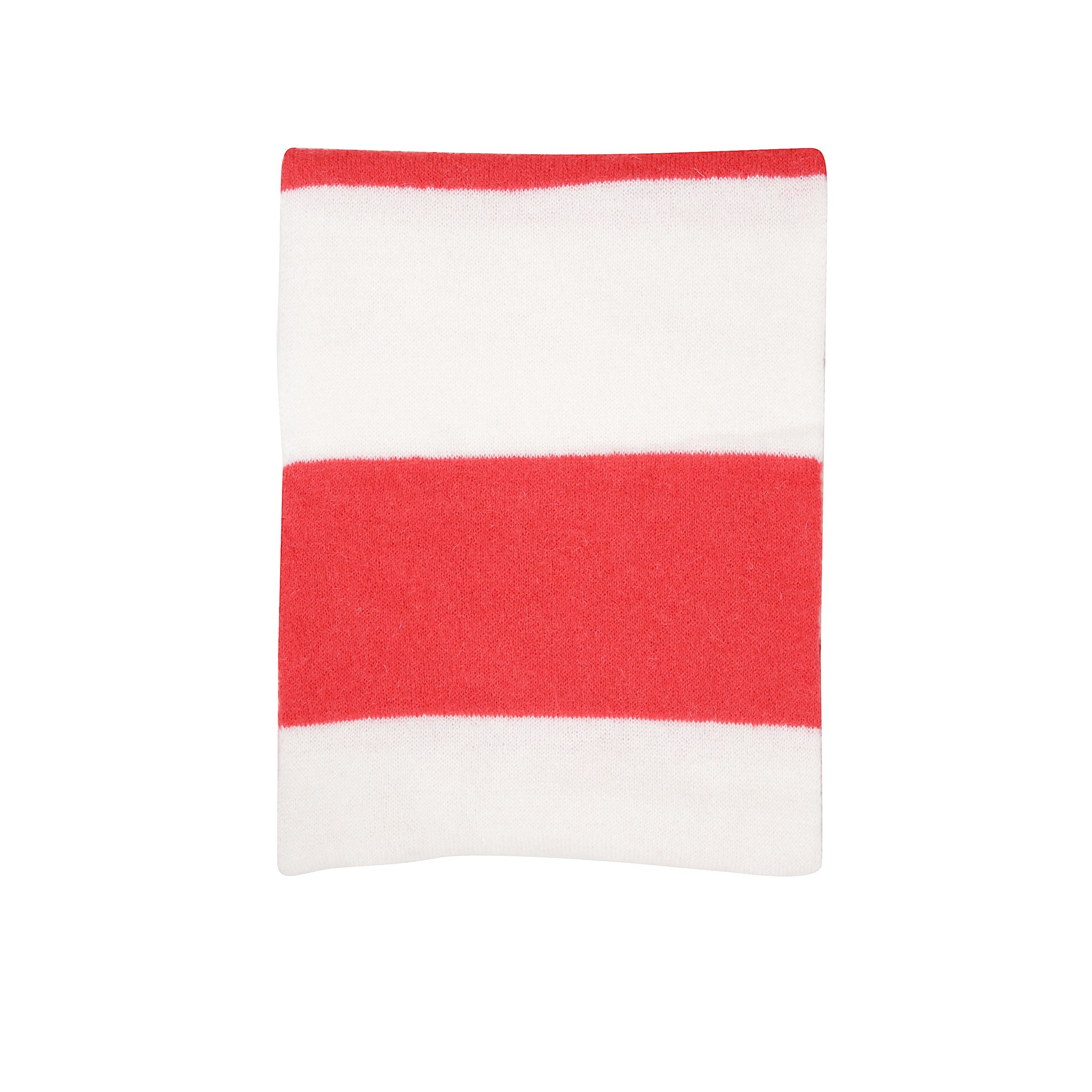 Sciarpa a bande orrizzontali bianche e rosse. firma fiorucci ricamata in nero sul fronte.