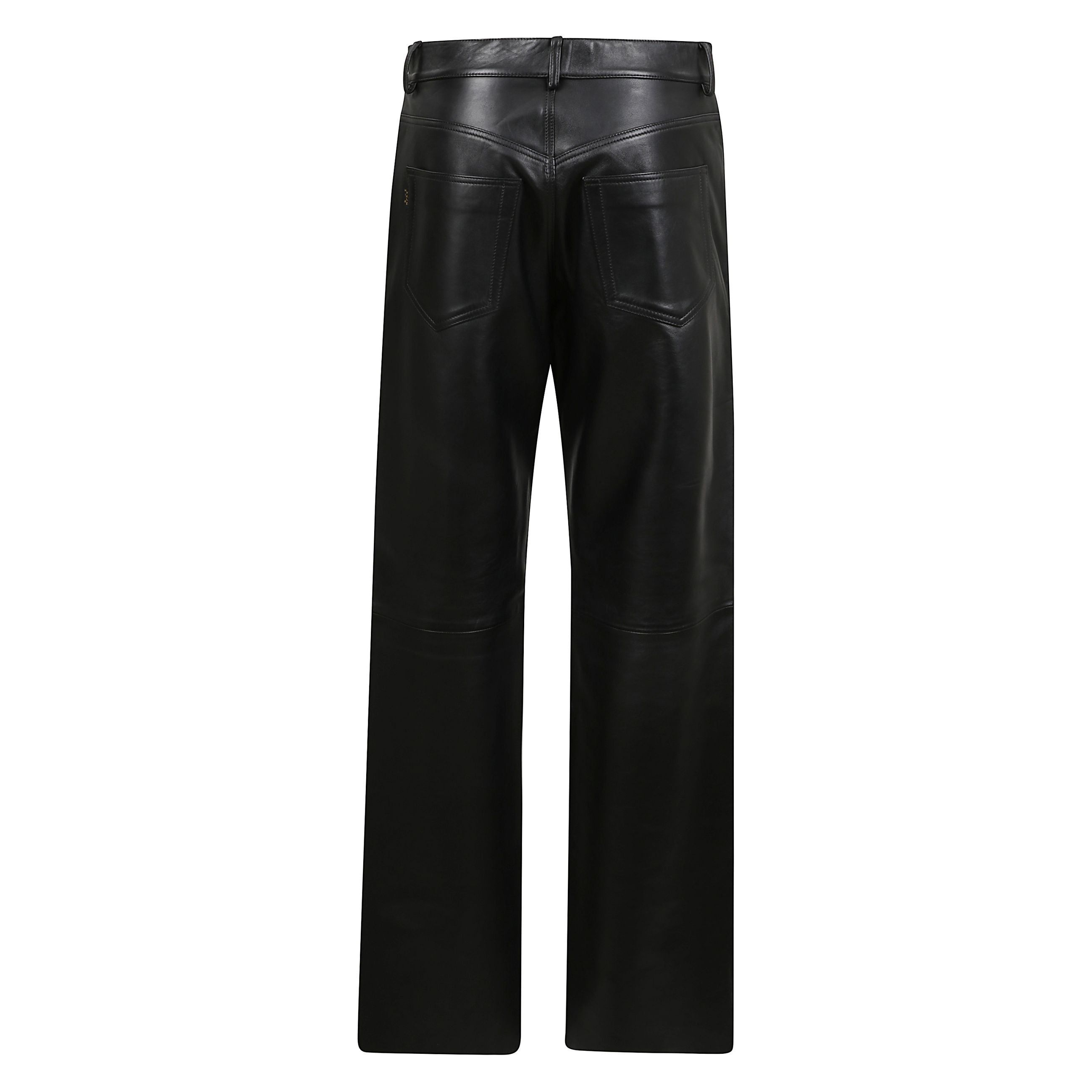 Pantaloni in pelle con taglio a gamba ampia. modello a cinque tasche. chiusura frontale con bottone.