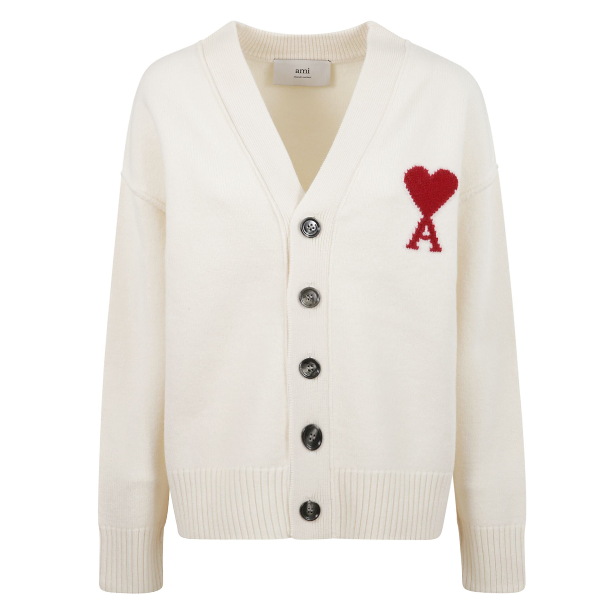 Cardigan semplice in lana con maniche lunghe e scollo a v. chiusura frontale con bottoni a contrasto. orlo e polsini elasticizzati. logo ami paris rosso sul petto.