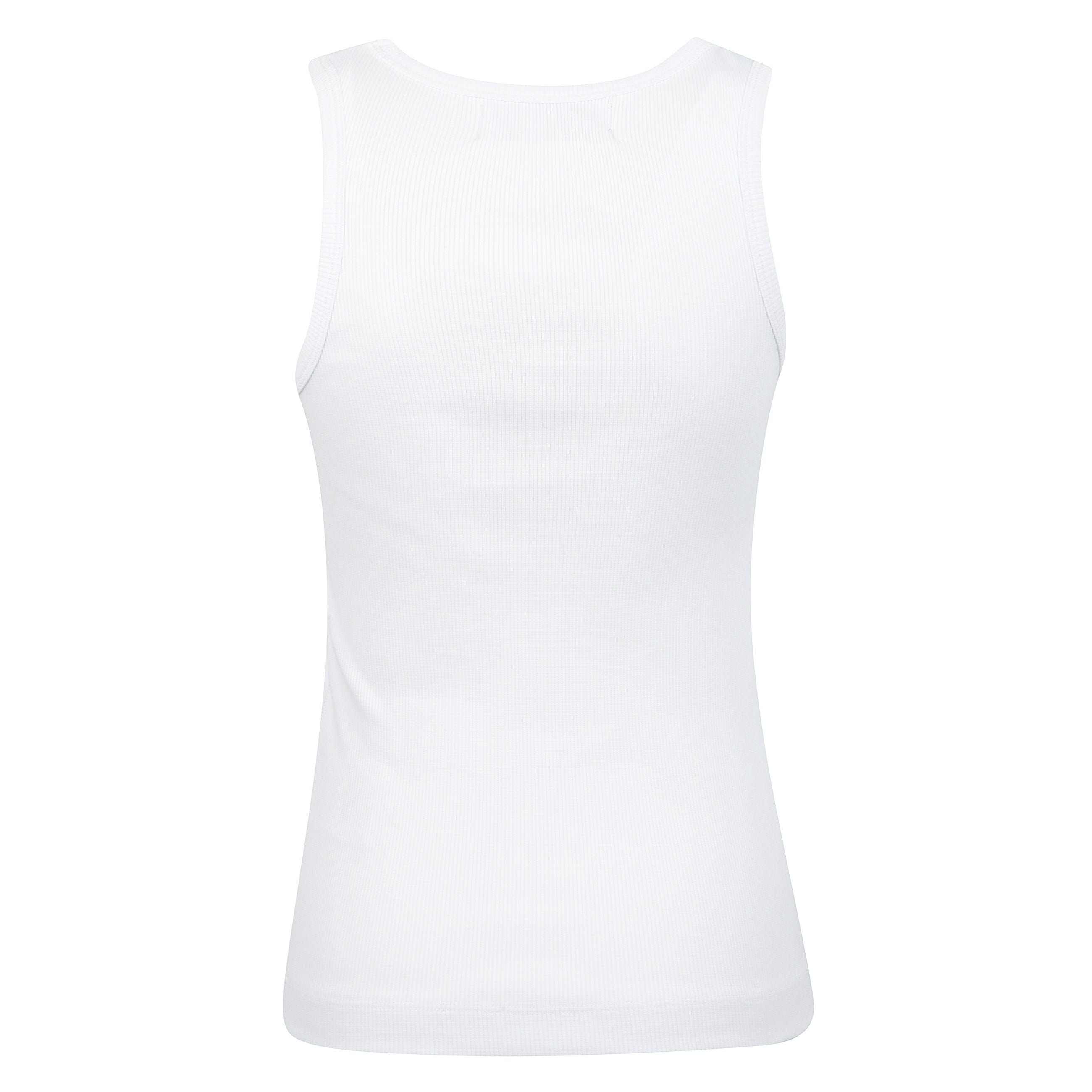 Canotta bianca con patch angels a coste, senza maniche, vestibilitÃ  attillata e scollo rotondo.