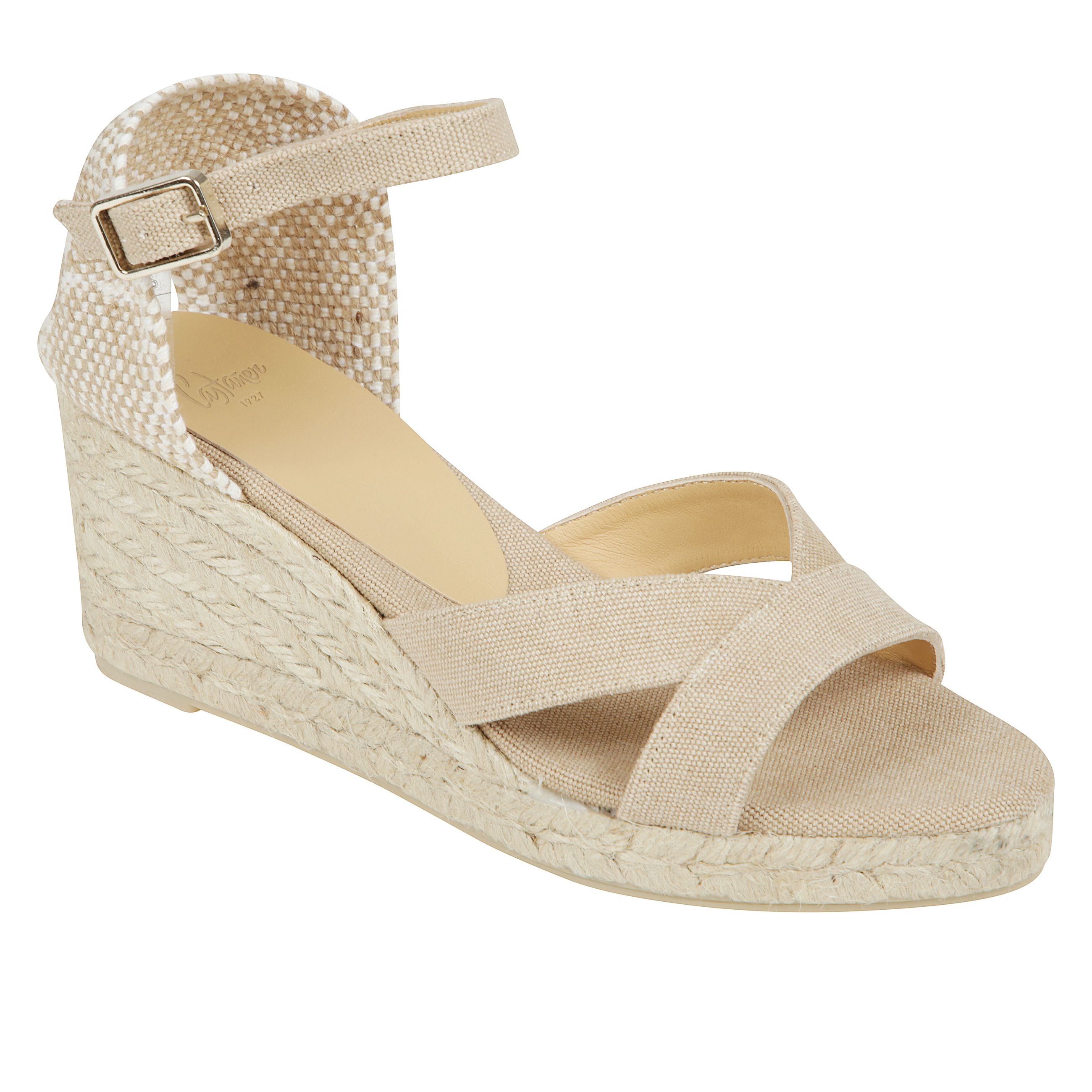 Sandalo bruna in cotone organico con chiusura a cinturino, soletta imbottita e scollo a v. zeppa in juta di 7 cm.