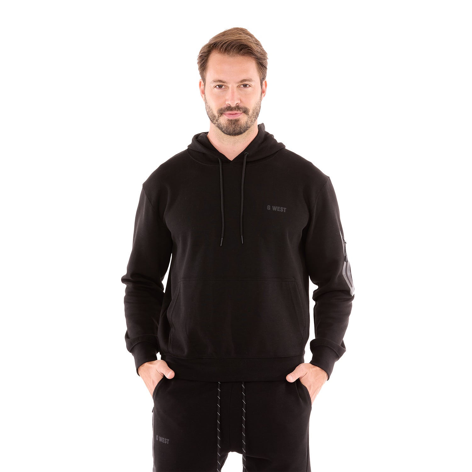 G WEST MENS FLEECE PULLOVER HOODIE - BLACK