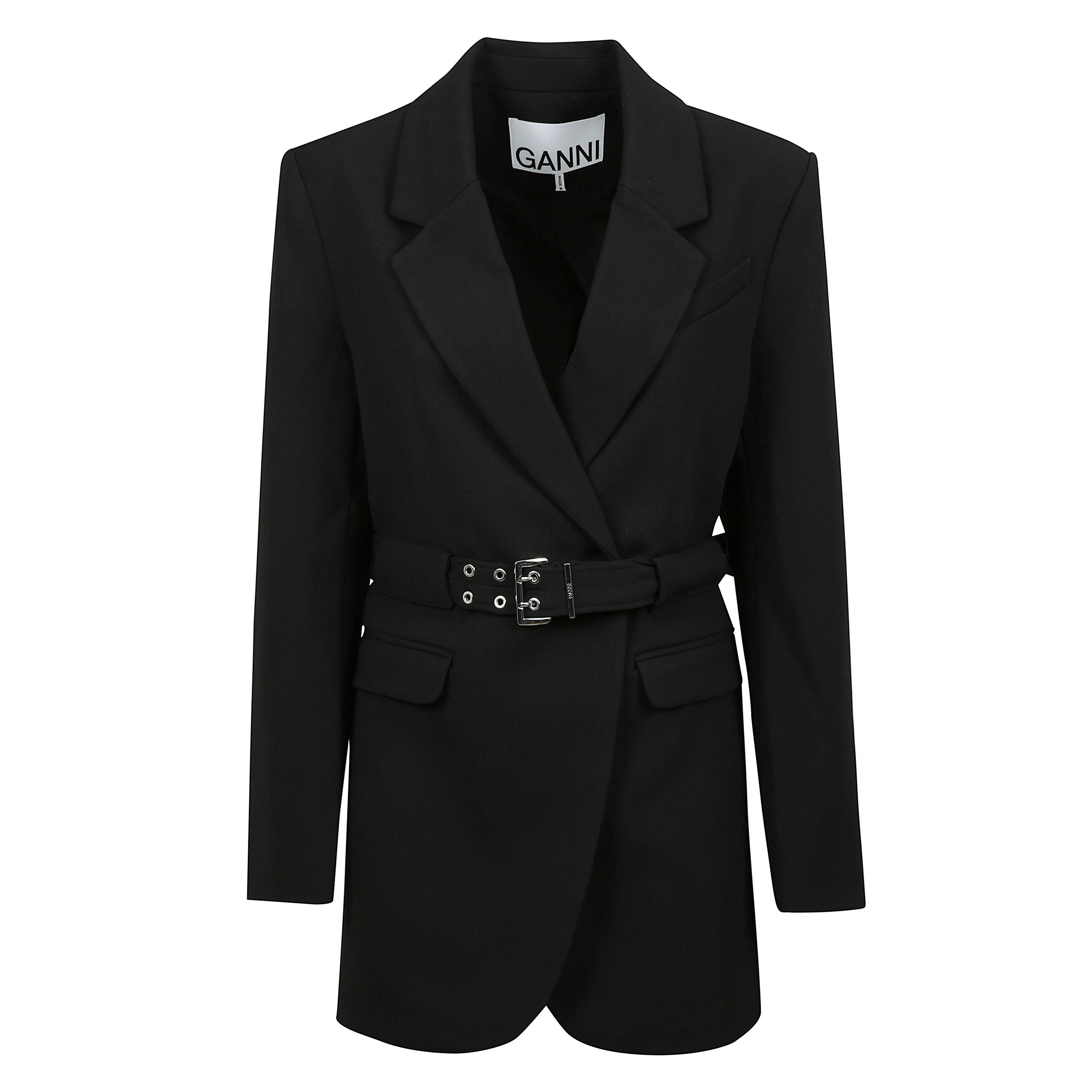 Bonded crepe blazer presenta tasche decorative e una cintura rimovibile e regolabile con doppio occhiello.