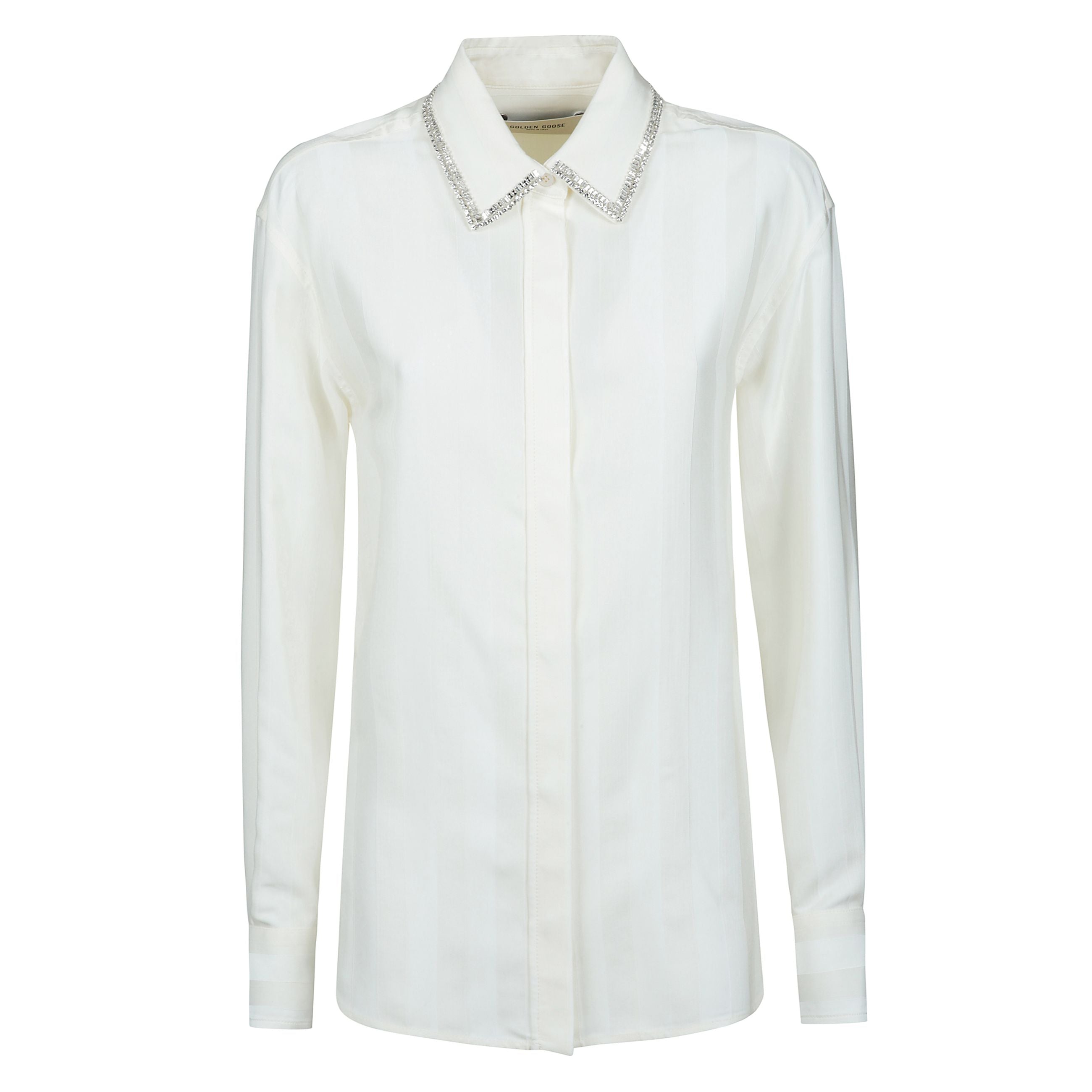 Ispirata all'energia degli anni novanta, la nostra nuova collezione celebra l'energia pulsante della musica e la forza illimitata dei sogni. in viscosa di colore bianco, questa camicia dal fit regular Ã¨ caratterizzata da un motivo a righe verticali e da 