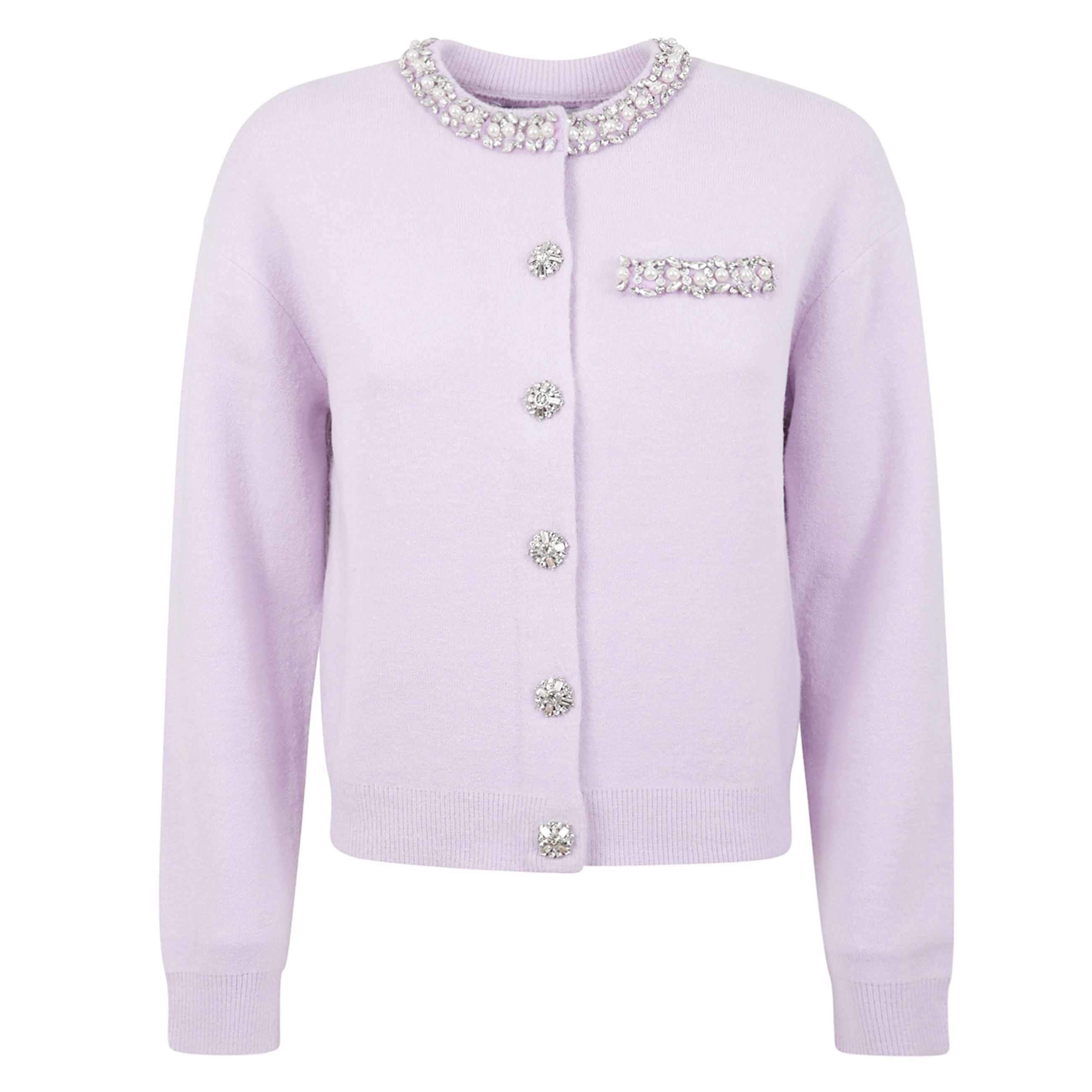 Cardigan elegante con scollo a giro con finiture in cristallo e decorazione in cristallo sul petto. chiusura frontale con cinque bottoni gioiello. maniche lunghe con polsini e orlo elasticizzati.