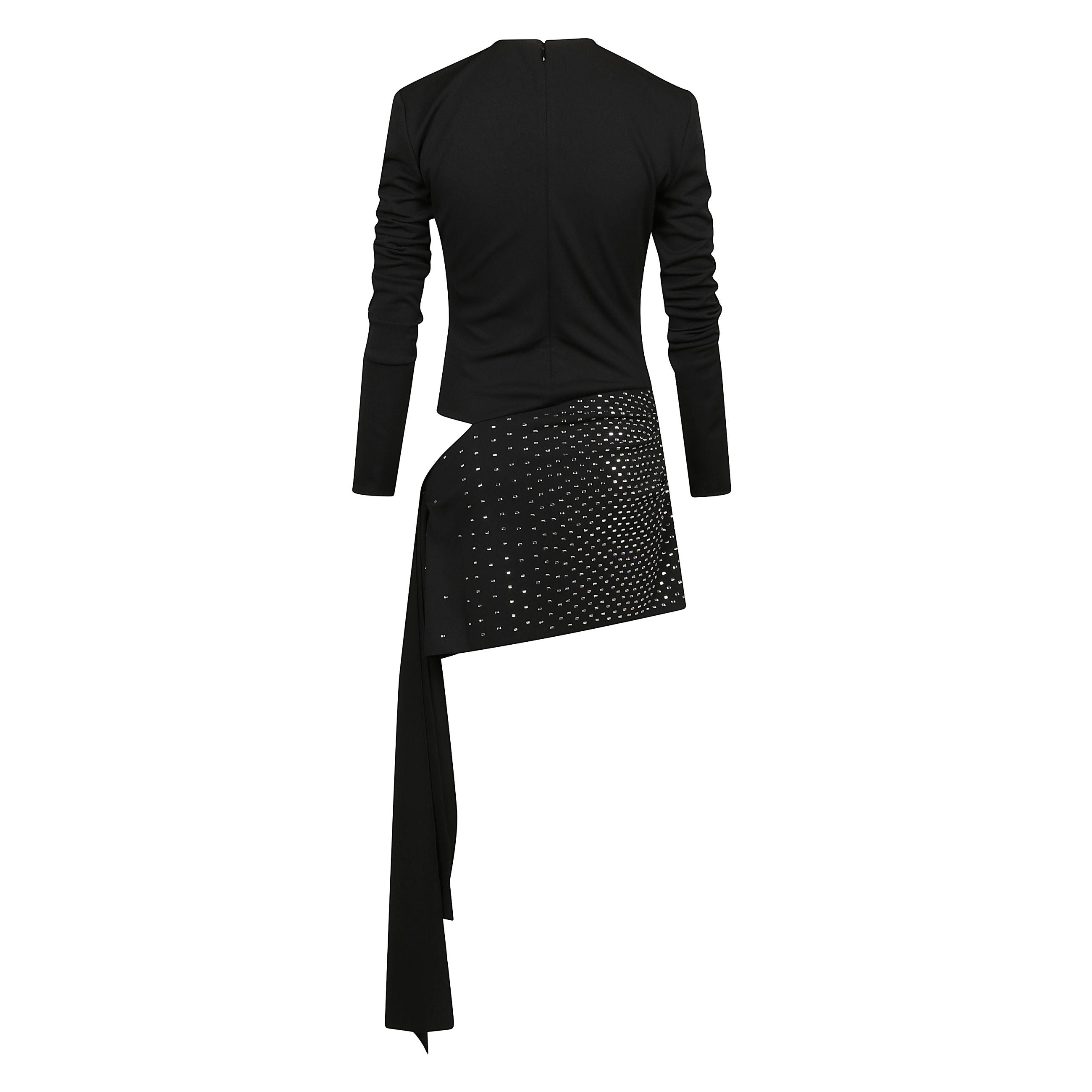 Abito girocollo nero corto asimmetrico con chiusura posteriore a zip e gancio nascosta