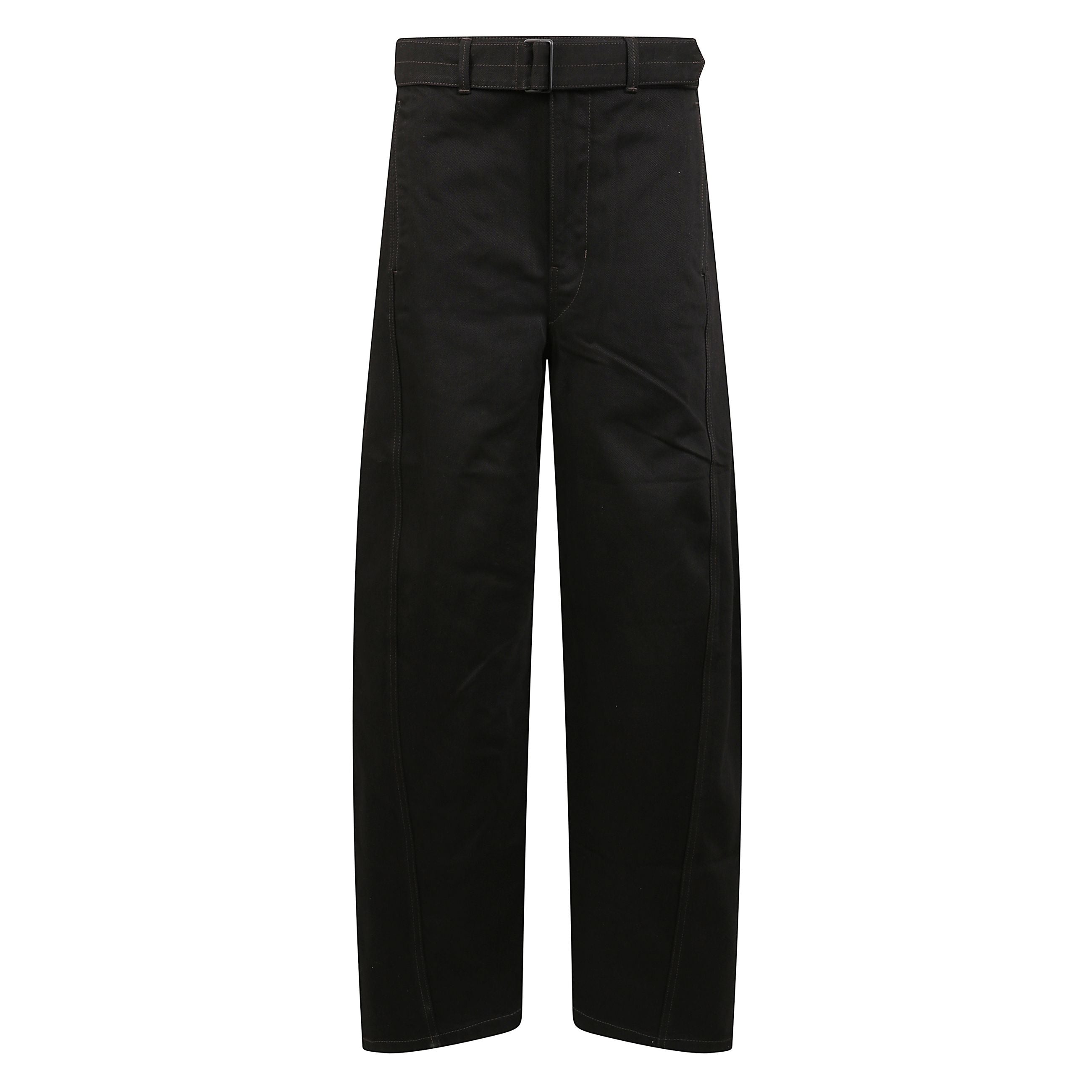 Jeans a vita alta con gamba ampia in denim. chiusura con zip e gancetto. cintura in tessuto in vita. due tasche frontali a fessura e due tasche applicate sul retro. etichetta con logo lemaire a contrasto sul retro.